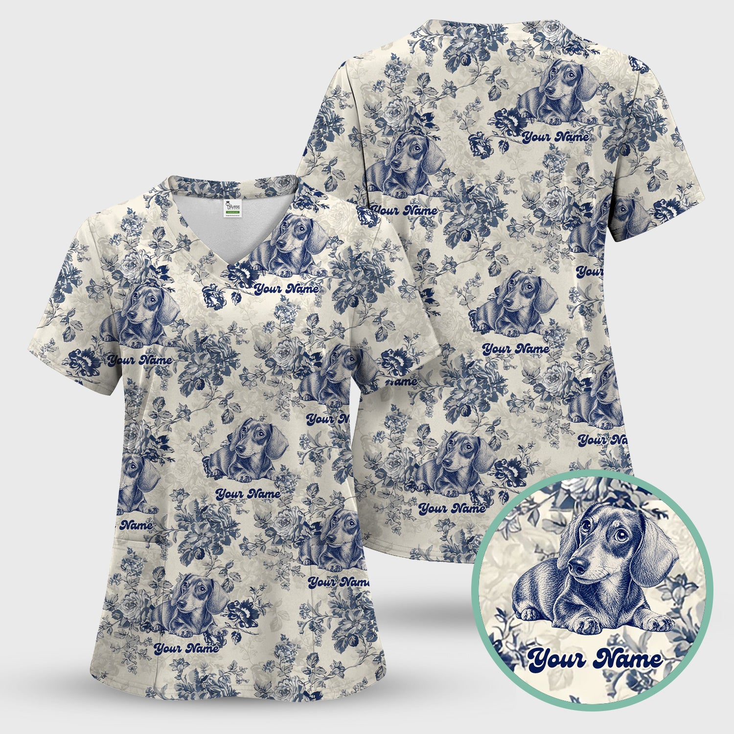 Personalized Vintage Floral Dachshund Portrait Scrub Set, Scrub Pants and V Neck Top