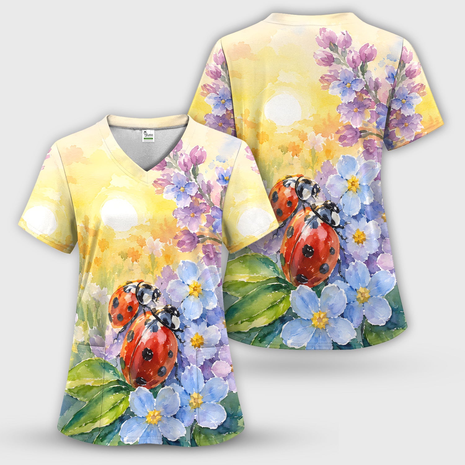Ladybug Spring Flower Garden Print Scrub Top, Comfortable Scrubs for Nurses