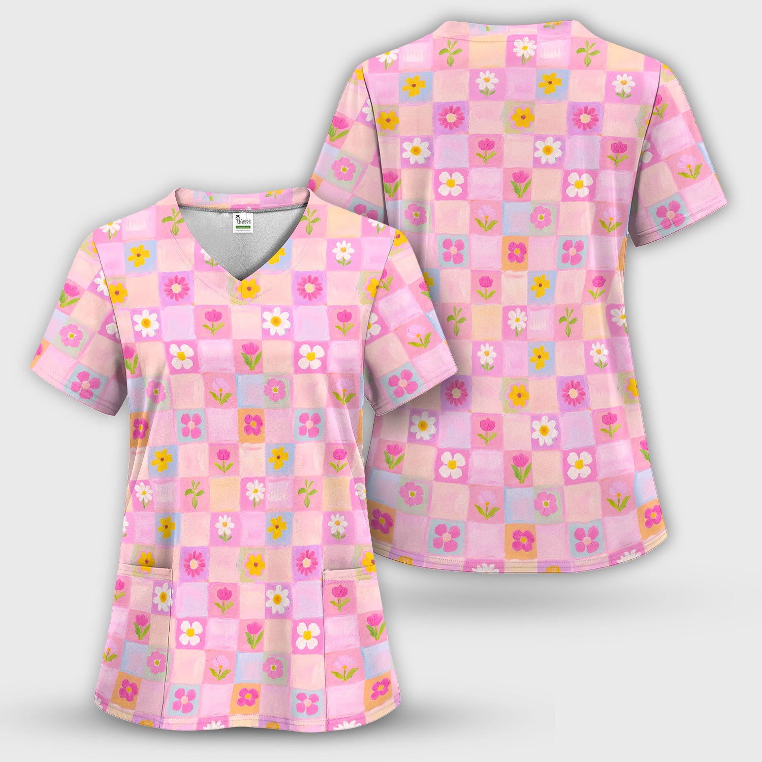 Colorful Mixed Flowers Pattern Scrubs Sets, Breathable Med Uniform