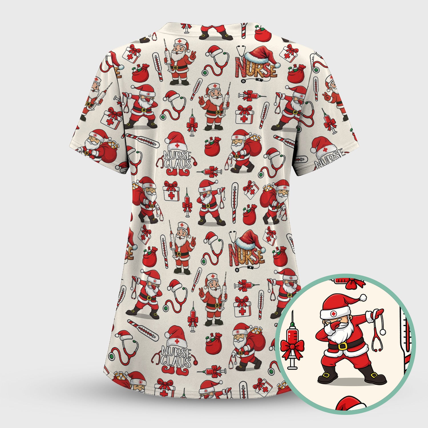 Christmas Nurse Scrub Top Multi Color - Funny Nurse Claus Santa Scrub Shirt - Cute Holiday Nursing Work Shirt with Pockets