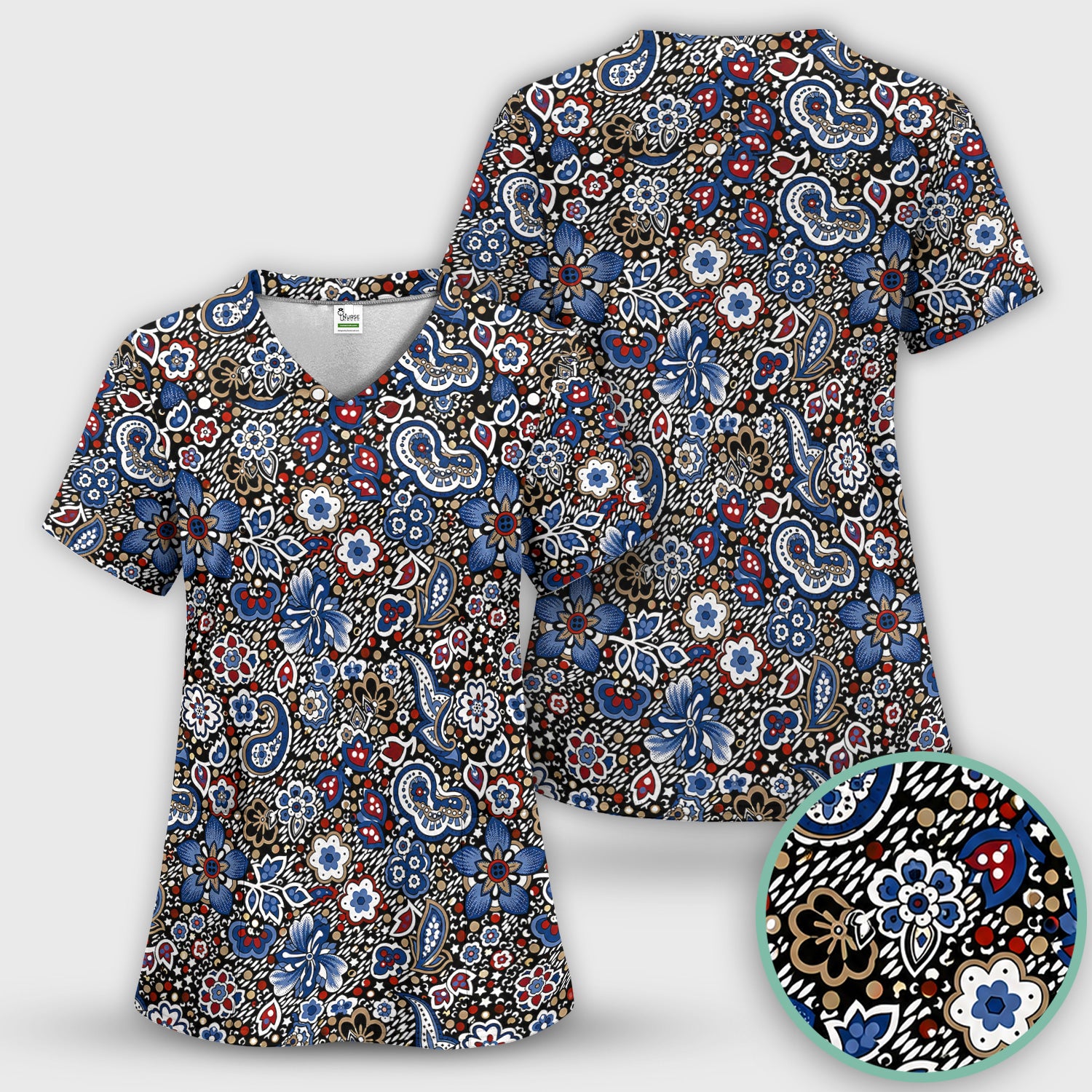 Classic Paisley Floral Pattern Scrub Top, Comfortable Scrubs for Nurses