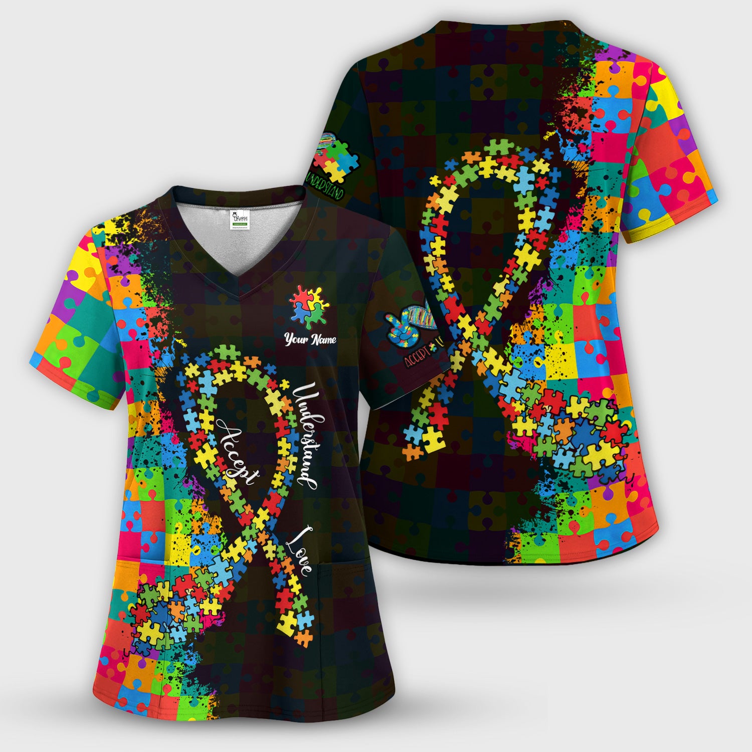 Personalized Autism Puzzle Ribbon Colorful Print Scrub Top, Comfortable Scrubs for Nurses