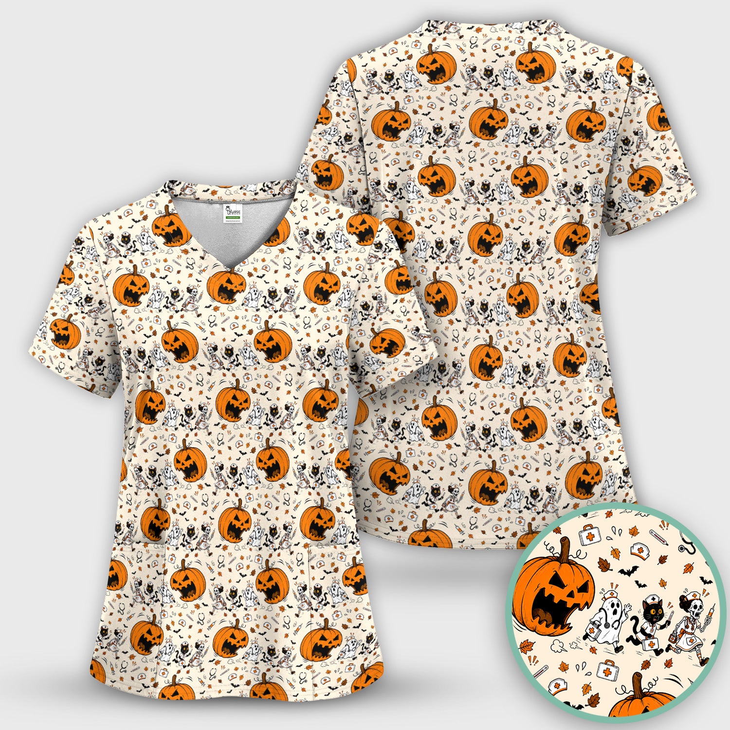 Funny Halloween Pumpkin Chasing Nurses Scrub Set, Scrub Pants and V Neck Top