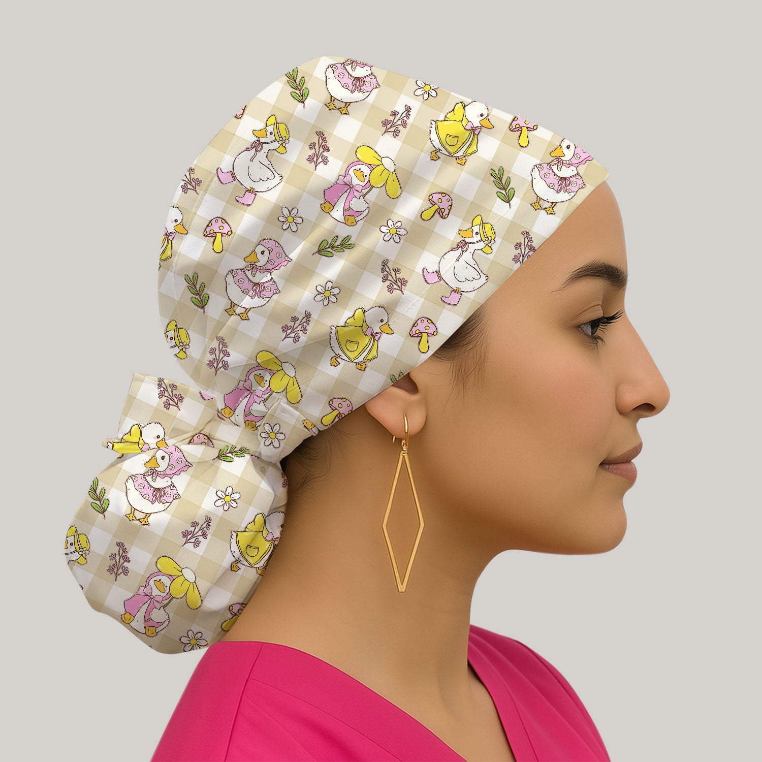 Cute Duck Outfit Gingham Pattern Scrub Cap, Bouffant Scrub Caps for Women