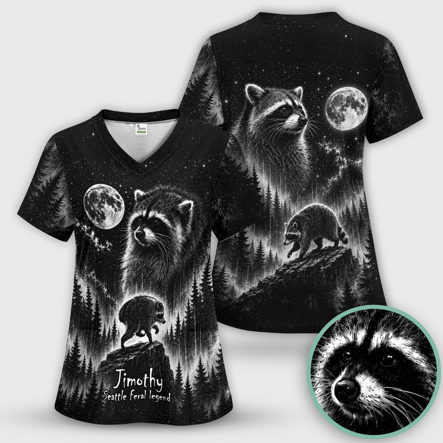 Moonlit Raccoon Forest Print Scrub Set, Scrub Pants and V Neck Top