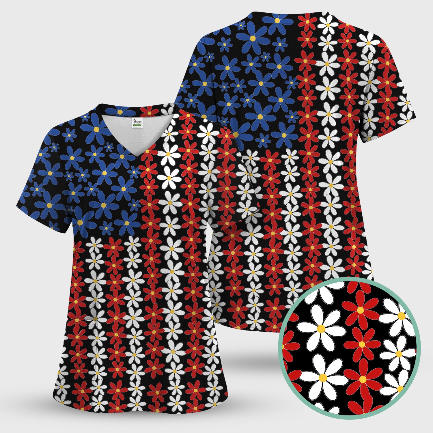 Retro Red Blue Daisy Stripe Pattern Scrub Top, Breathable Fabrics Nursing Uniform