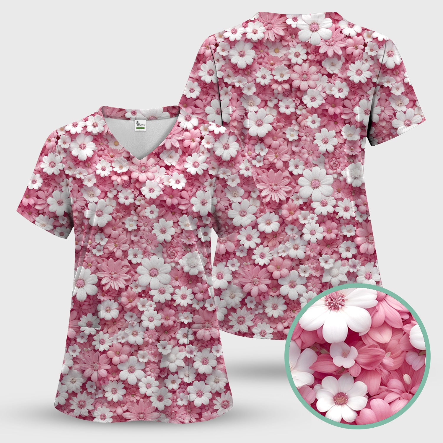 Cute Daisy Flower Bloom Pattern Scrub Top, Breathable Fabrics Nursing Uniform