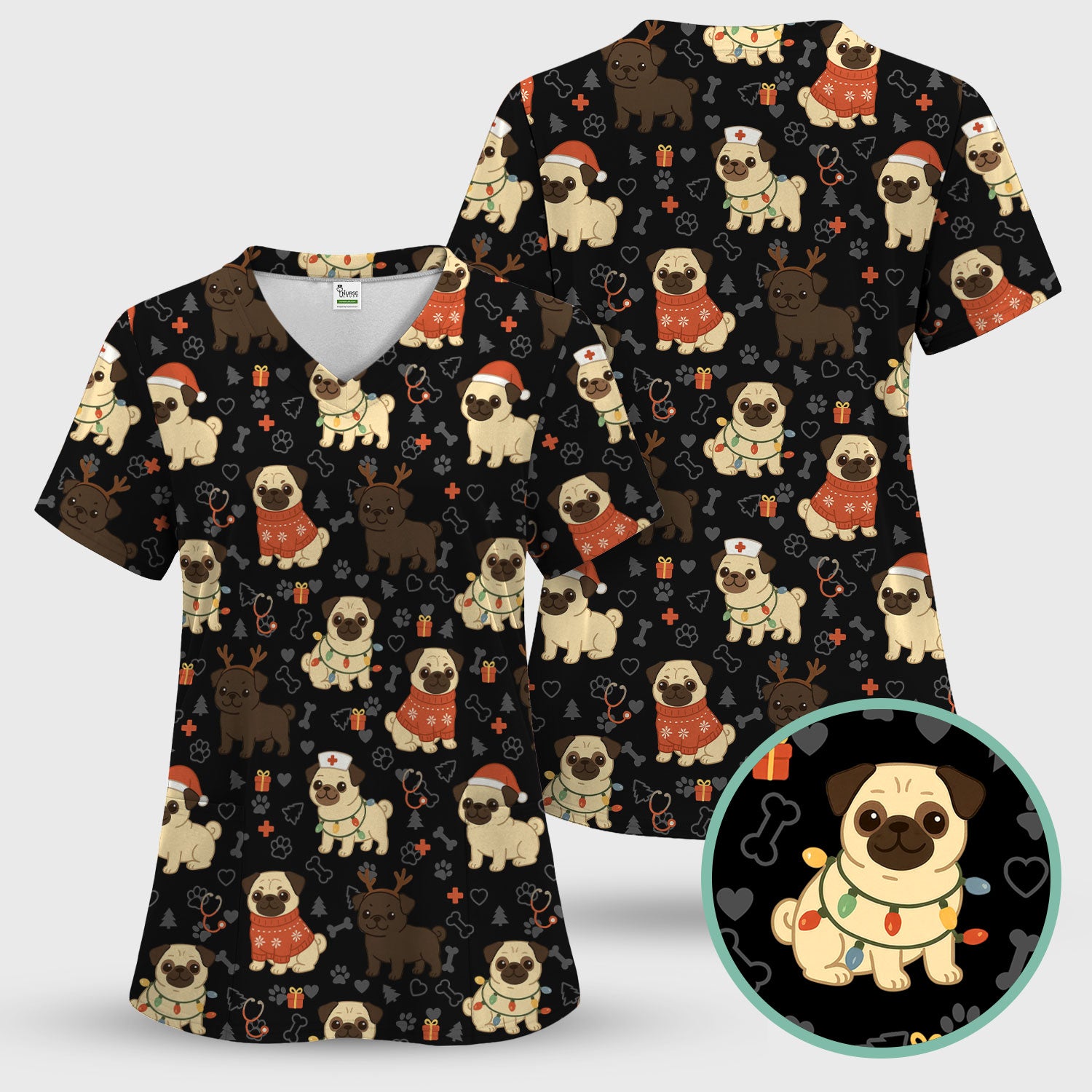 Funny Pug Christmas Nurse Scrub Set for Women - Cute Dog Pattern Holiday Medical Scrubs Top and Pants - Gift for RN LPN CNA