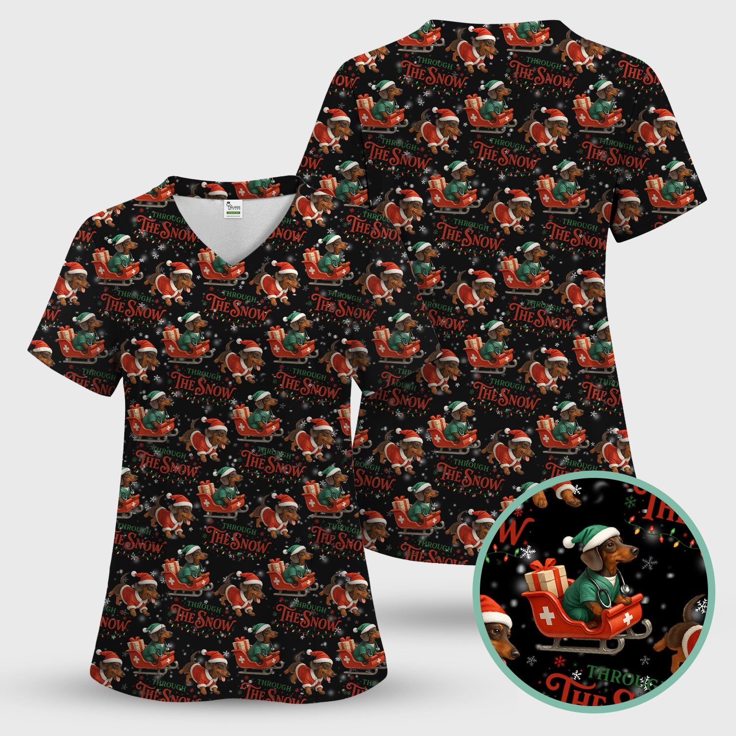 Dachshund Christmas Scrub Top, Cute Dog Nurse Scrub Shirt, Through The Snow Pattern Nursing Uniform