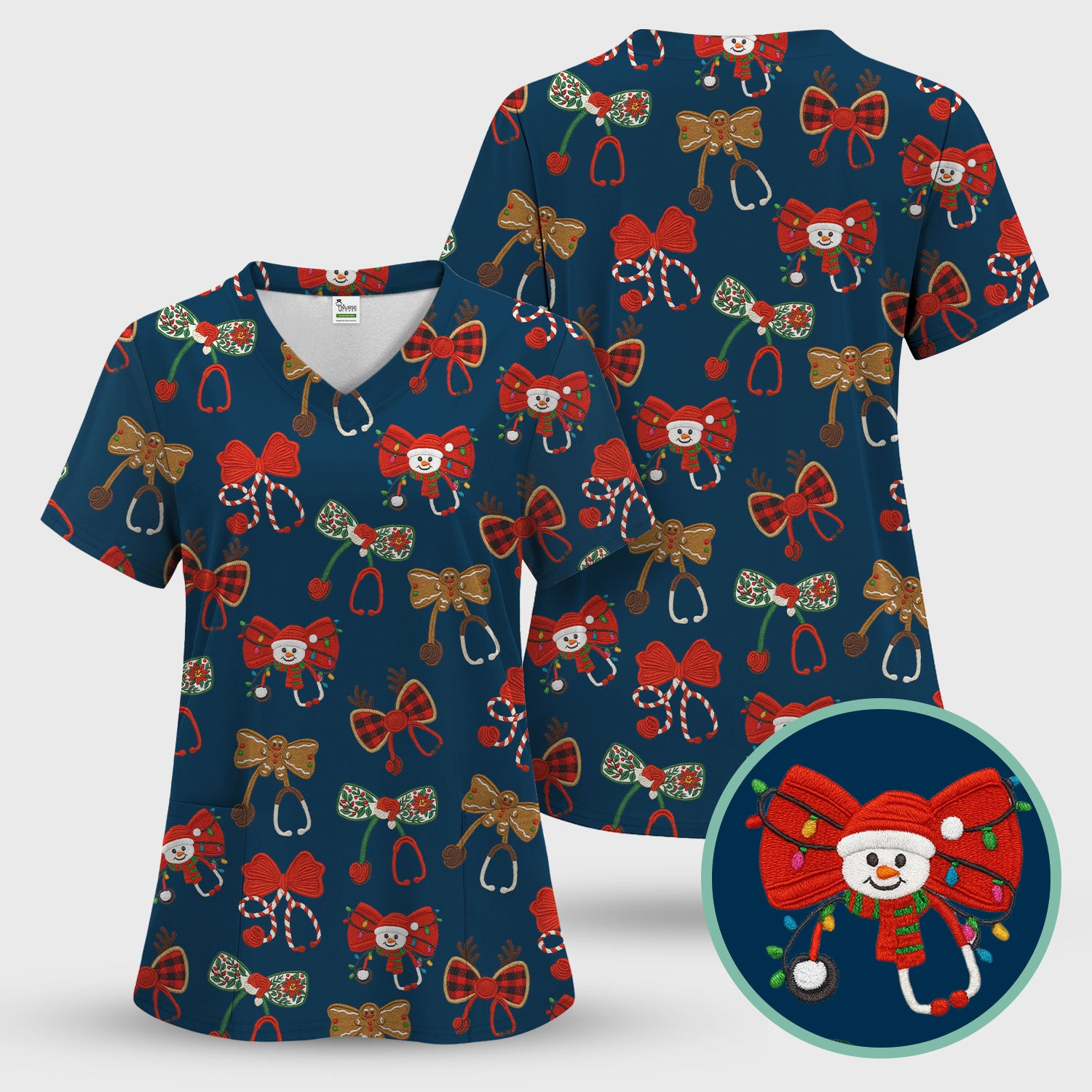 Christmas Stethoscope Bow Nurse Scrub Top, Xmas Pattern Scrub Shirt, Holiday Nursing Uniform