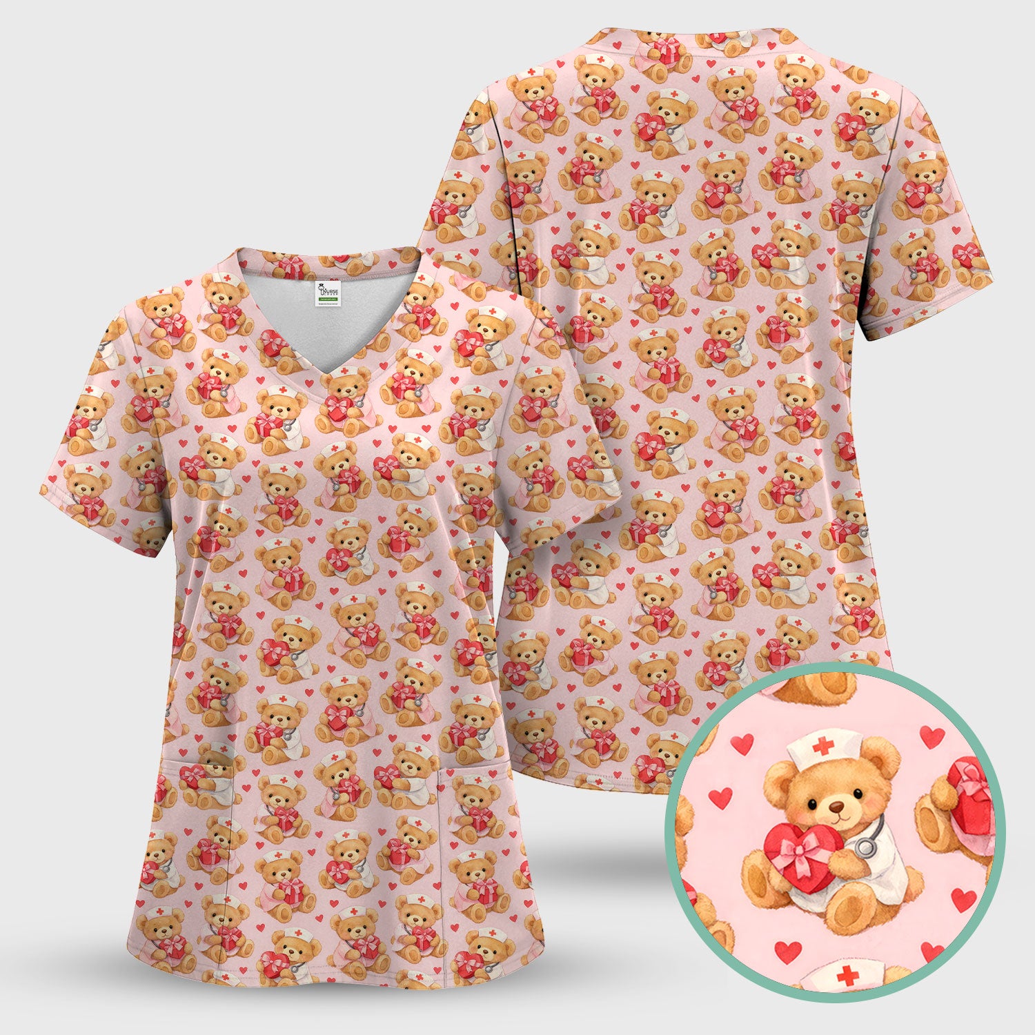 Valentine Teddy Pattern Scrub Top, Bear And Heart Medical Nurse Scrub Shirt, Breathable Fabrics Nursing Uniform