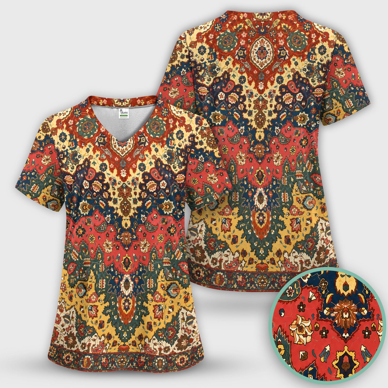 Vintage Persian Rug Floral Pattern Scrub Set, Scrub Pants and V Neck Top