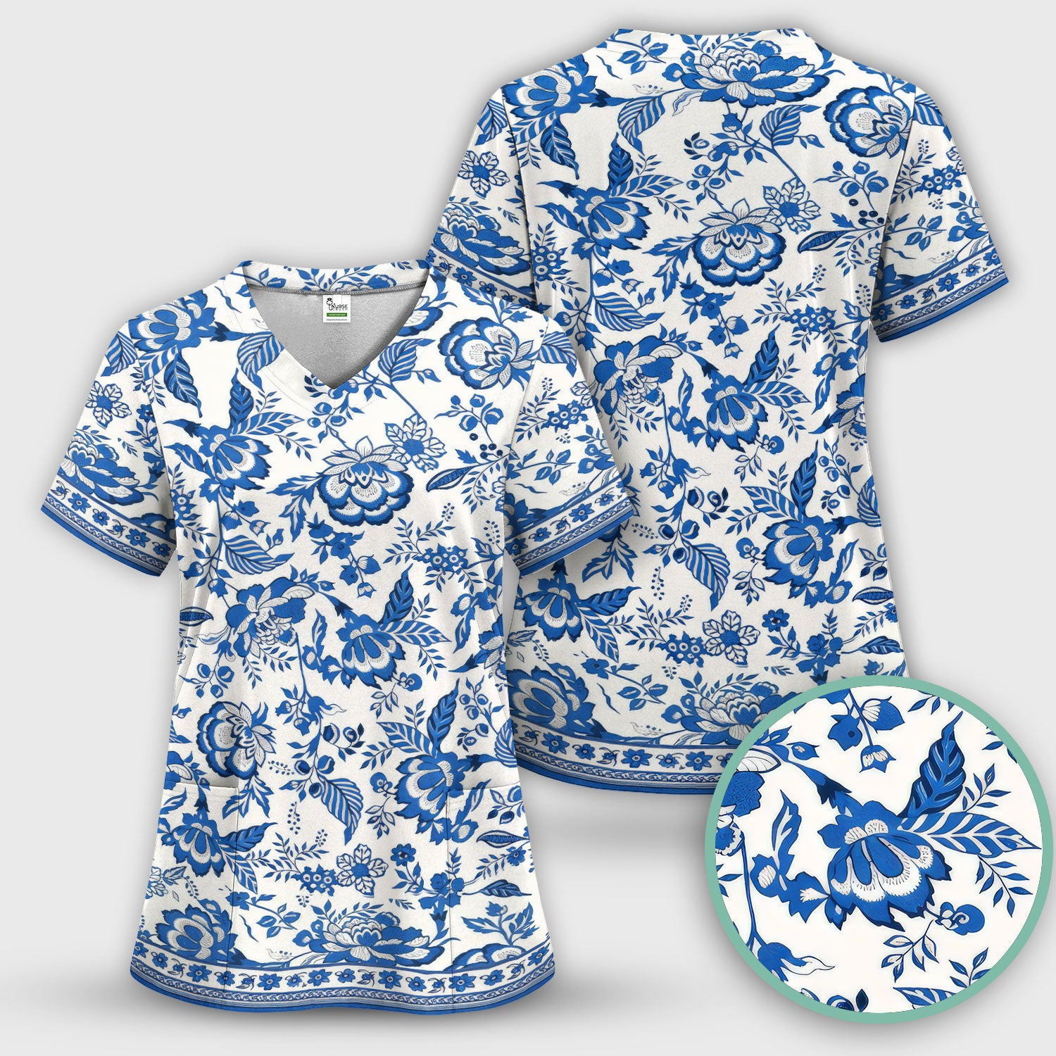 Toile De Jouy Scrub Top For Women, Floral Pattern Nurse Shirt, Comfortable Scrubs For Nursing