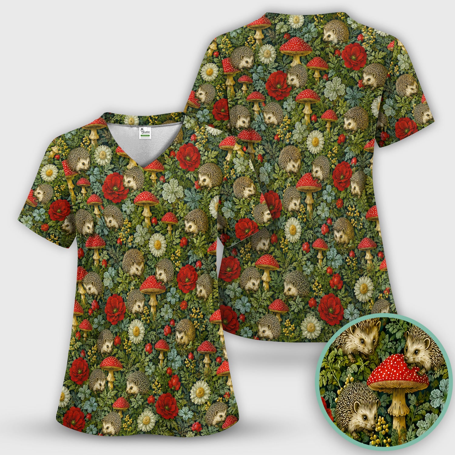 Enchanted Woodland Hedgehog Nurse for Pediatric Nurses, RN, CNA, Garden Medical Scrub Top, Comfortable Scrubs for Nurses
