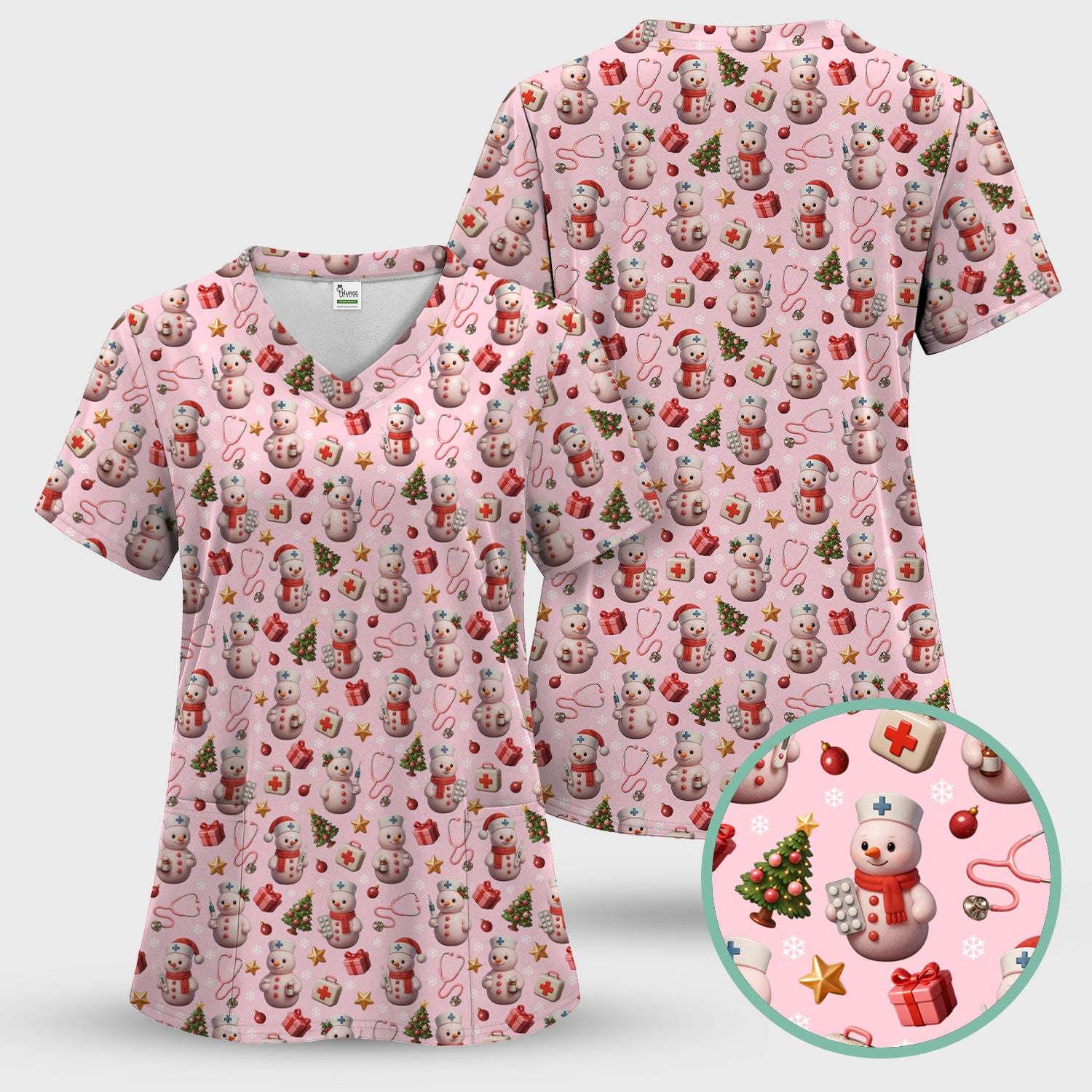 Snowman Pattern Christmas Scrub Set - Cute Holiday Medical Scrubs for Women - Funny Festive Nurse Gift for RN LPN CNA
