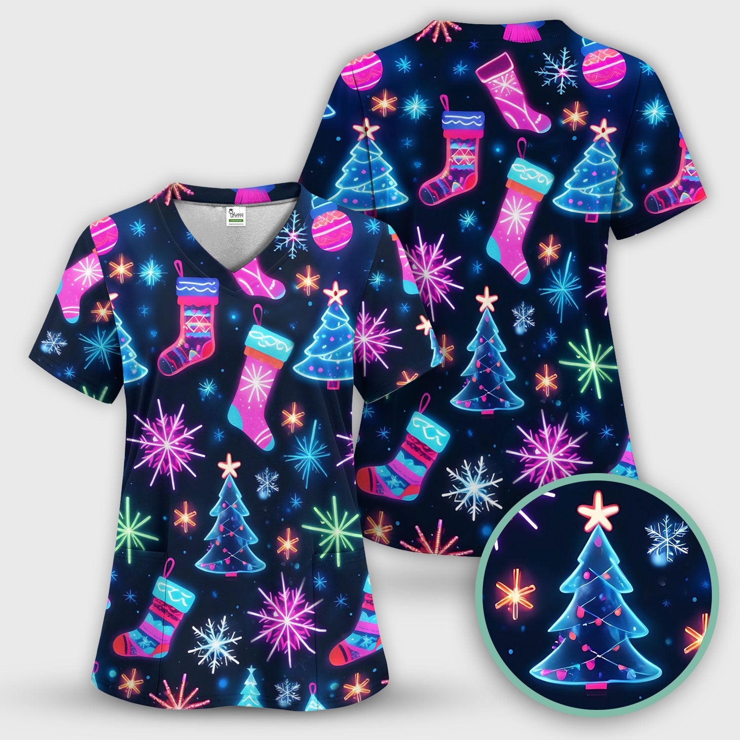 Xmas Neon Pattern Scrub Top, Christmas Scrub Shirt, Breathable Fabrics Nursing Uniform