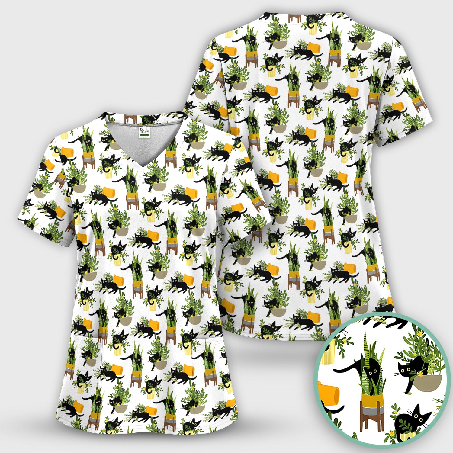 Black Cat Plant Pots Pattern Scrub Set, Scrub Pants and V Neck Top