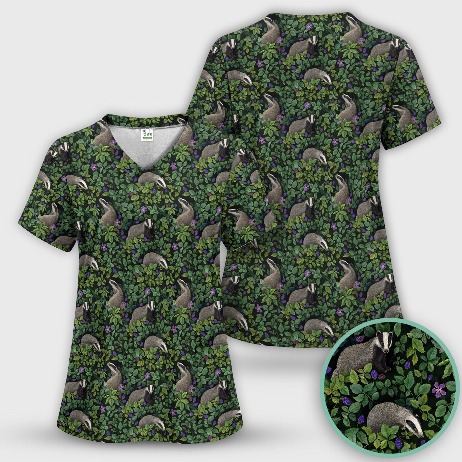 Woodland Badger Forest Pattern Scrub Set, Scrub Pants and V Neck Top
