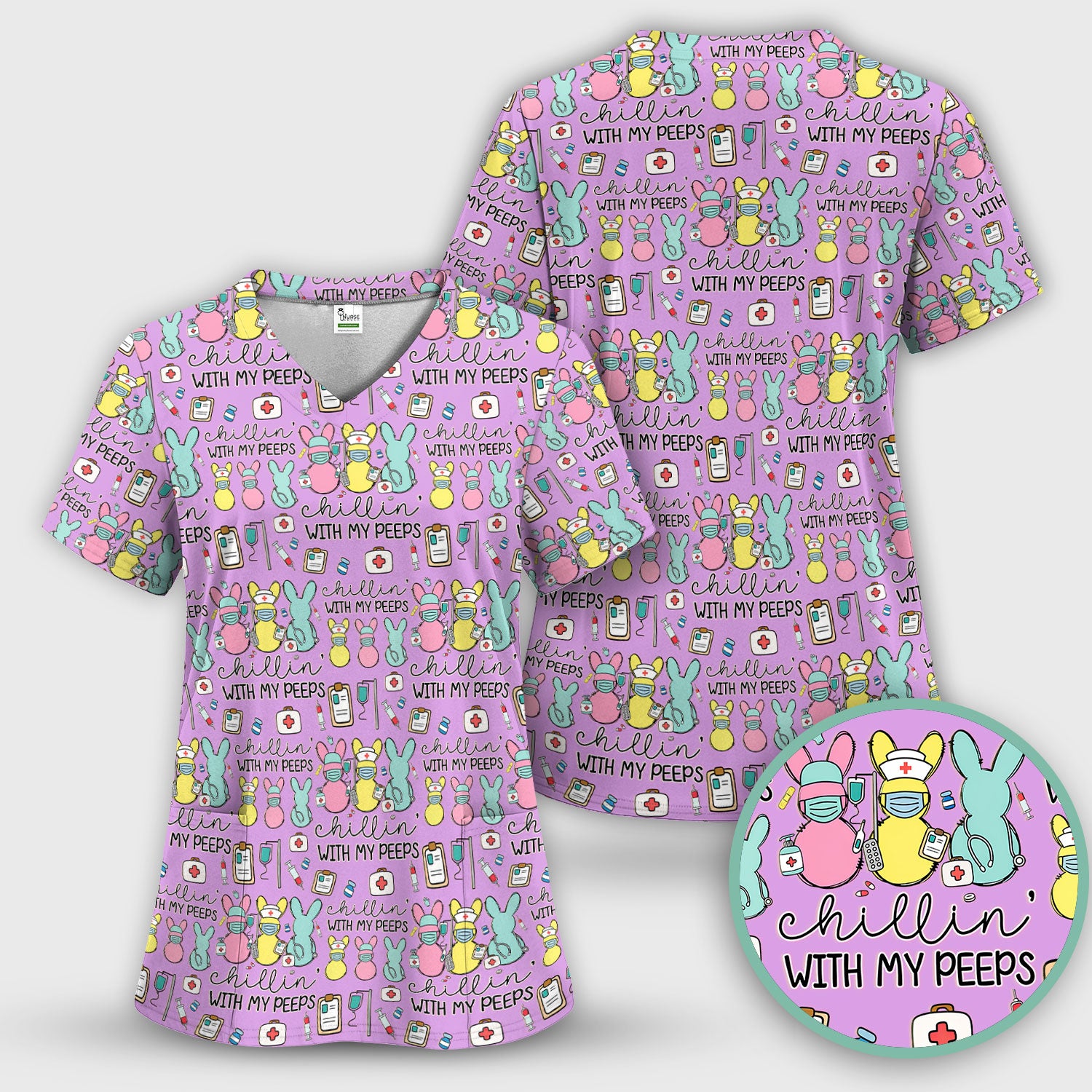 Cute Bunny Nurse Chillin With My Peeps Scrub Top, Comfortable Scrubs for Nurses, Easter