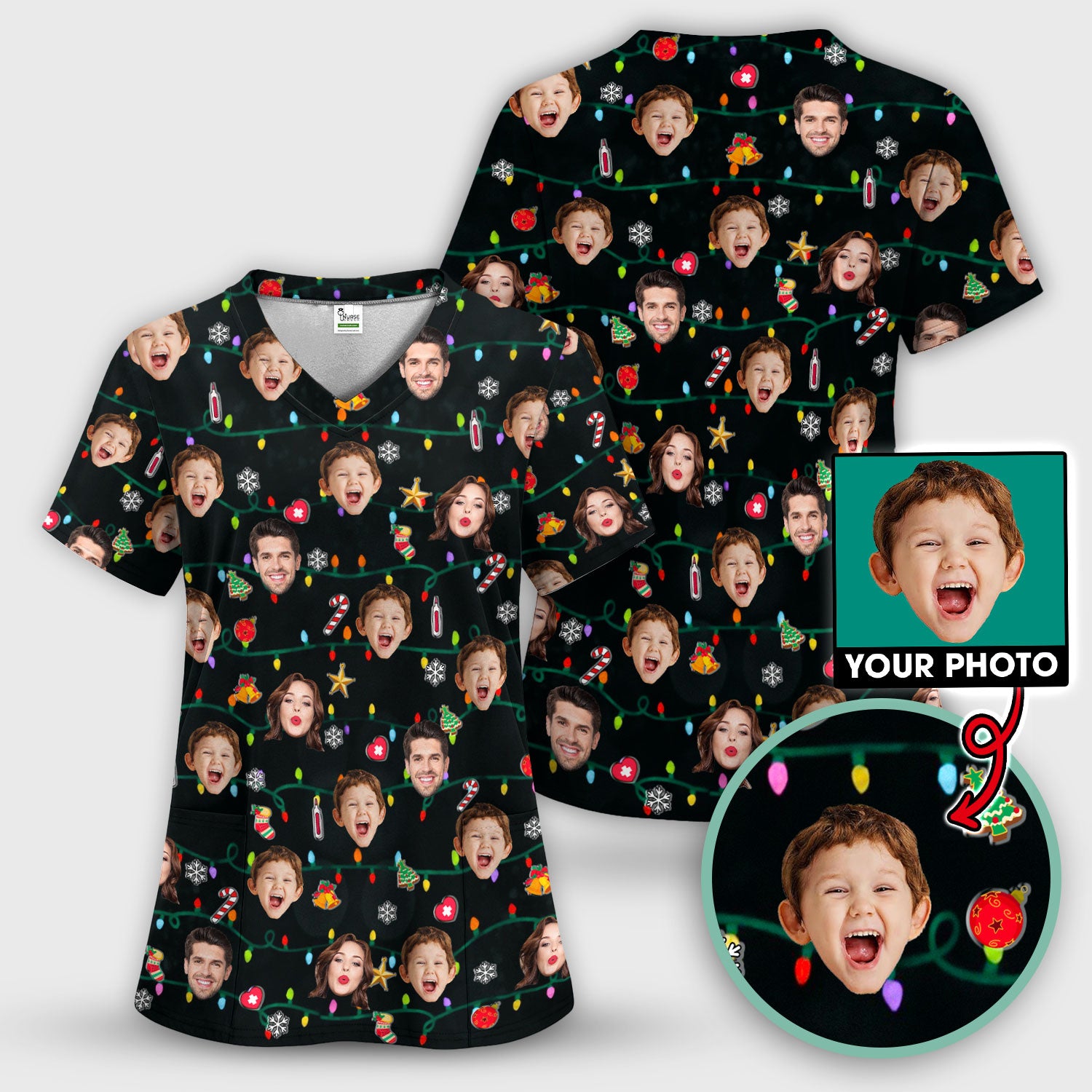 Personalized Xmas Photo Scrub Top, Christmas Custom Face Scrub Shirt, Breathable Fabrics Nursing Uniform