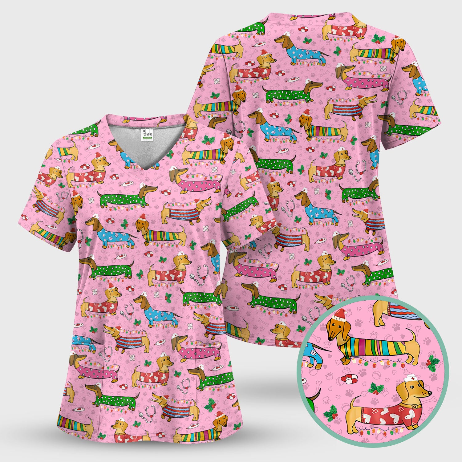 Christmas Dachshund Nurse Scrub Top - Cute Wiener Dog in Holiday Outfit - Funny Medical Shirt Gift for Women RN LPN CNA