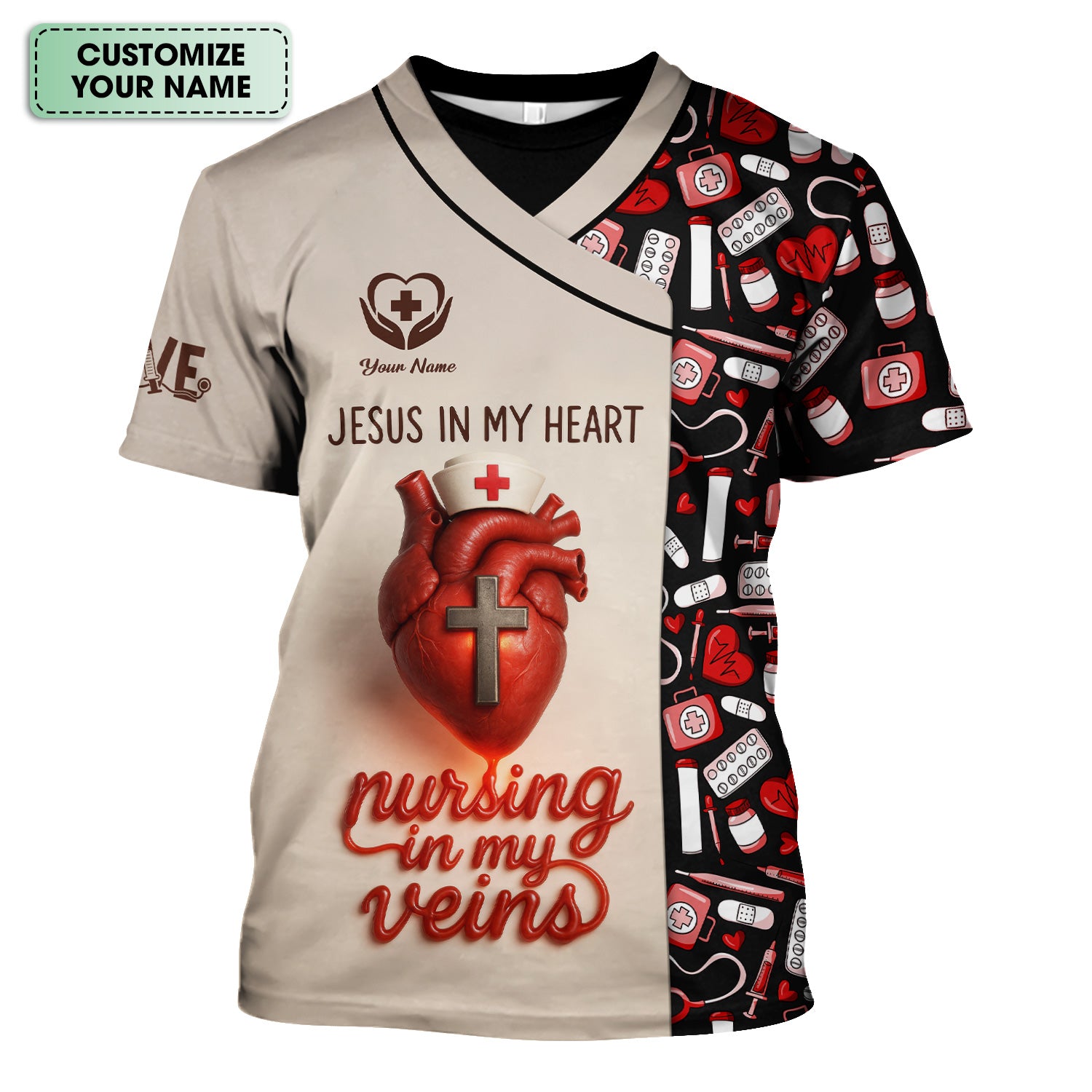 Jesus in My Heart Nurse Scrub Top - Nursing in My Veins Faith Shirt - Christian RN CNA LPN Gift for Women