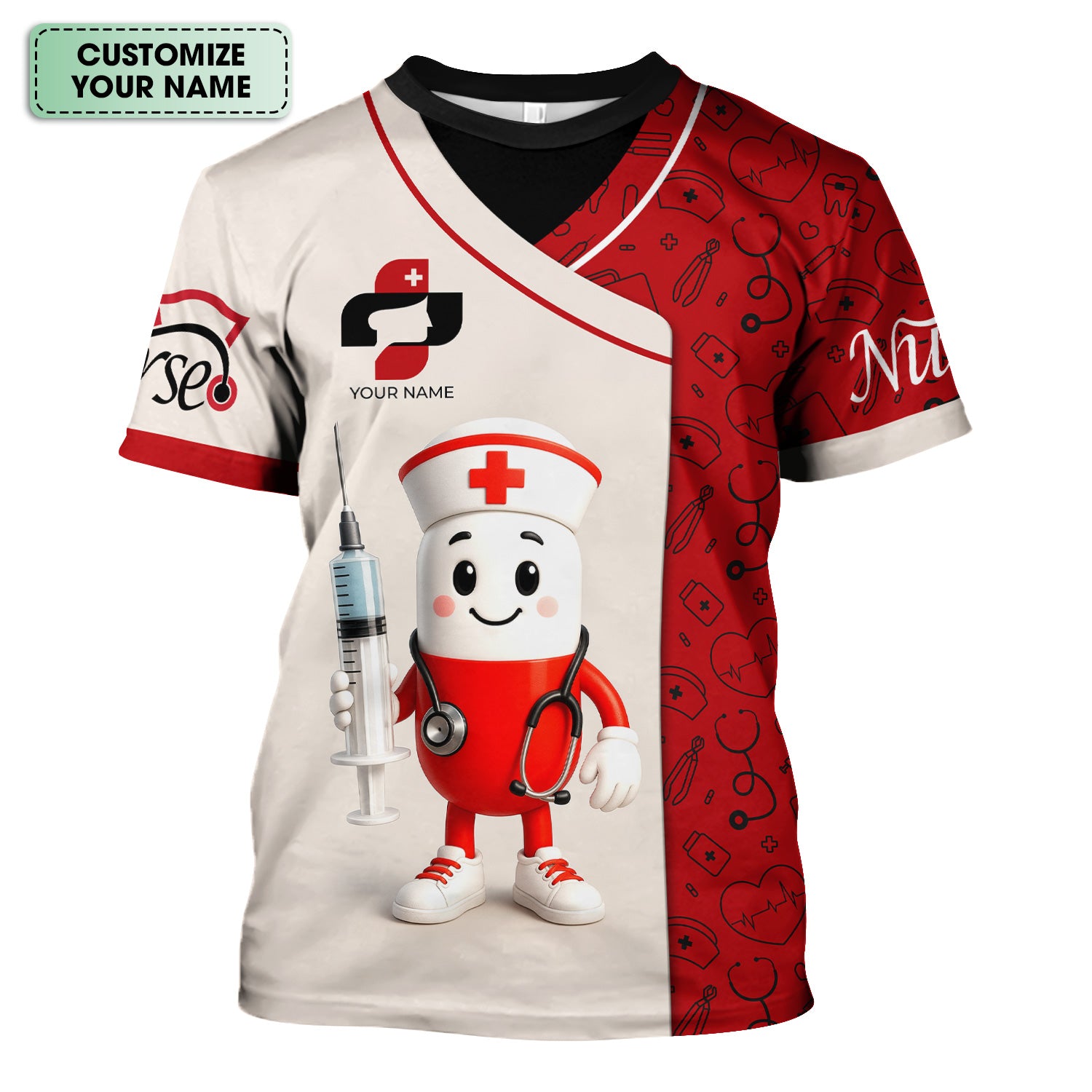 Funny Personalized Nurse Shirt - Pill Cartoon with Syringe - Custom Gift for RN CNA LPN or Nursing Student