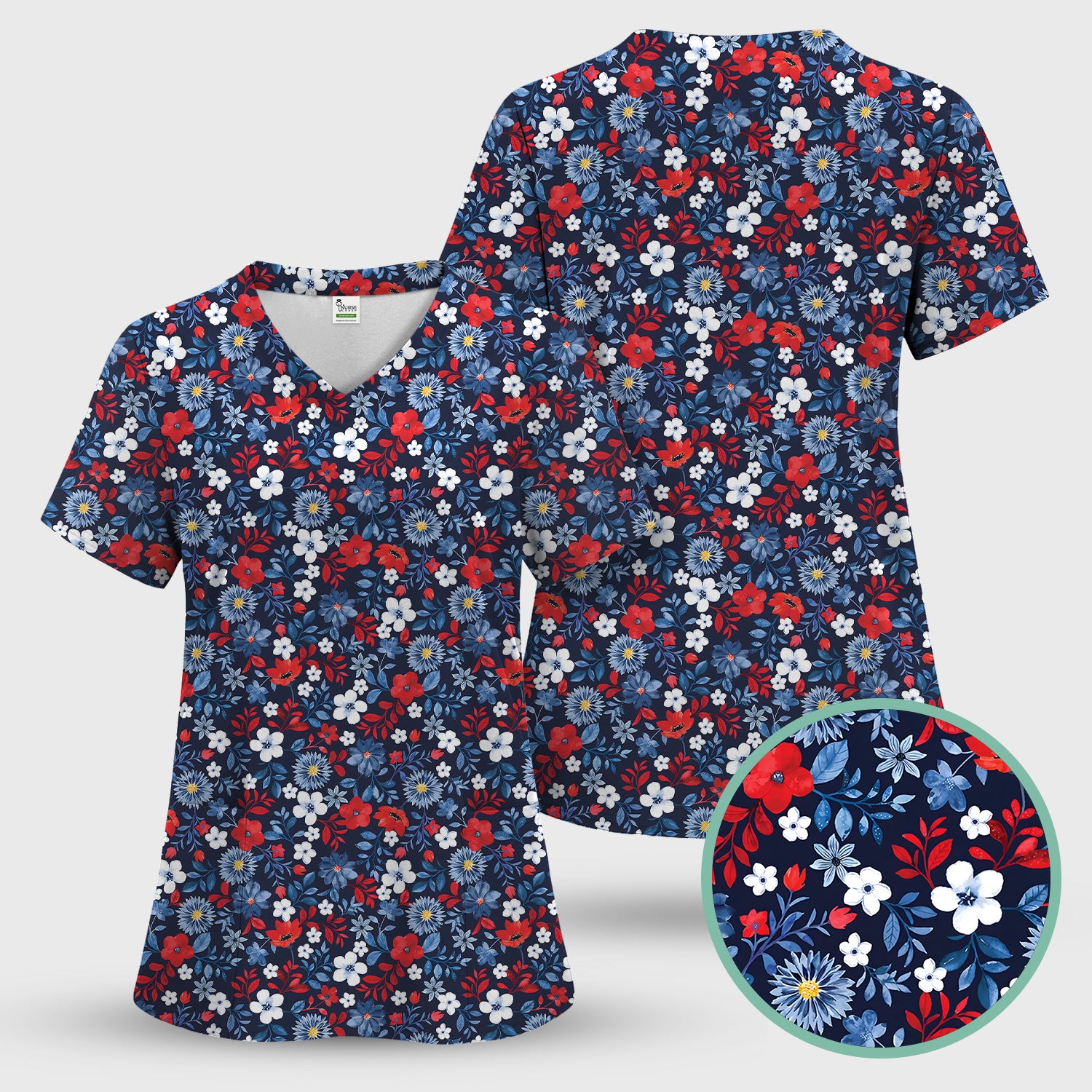 Classic Floral Print V Neck Scrub Top for Nurses, Blue Red Medical Uniform