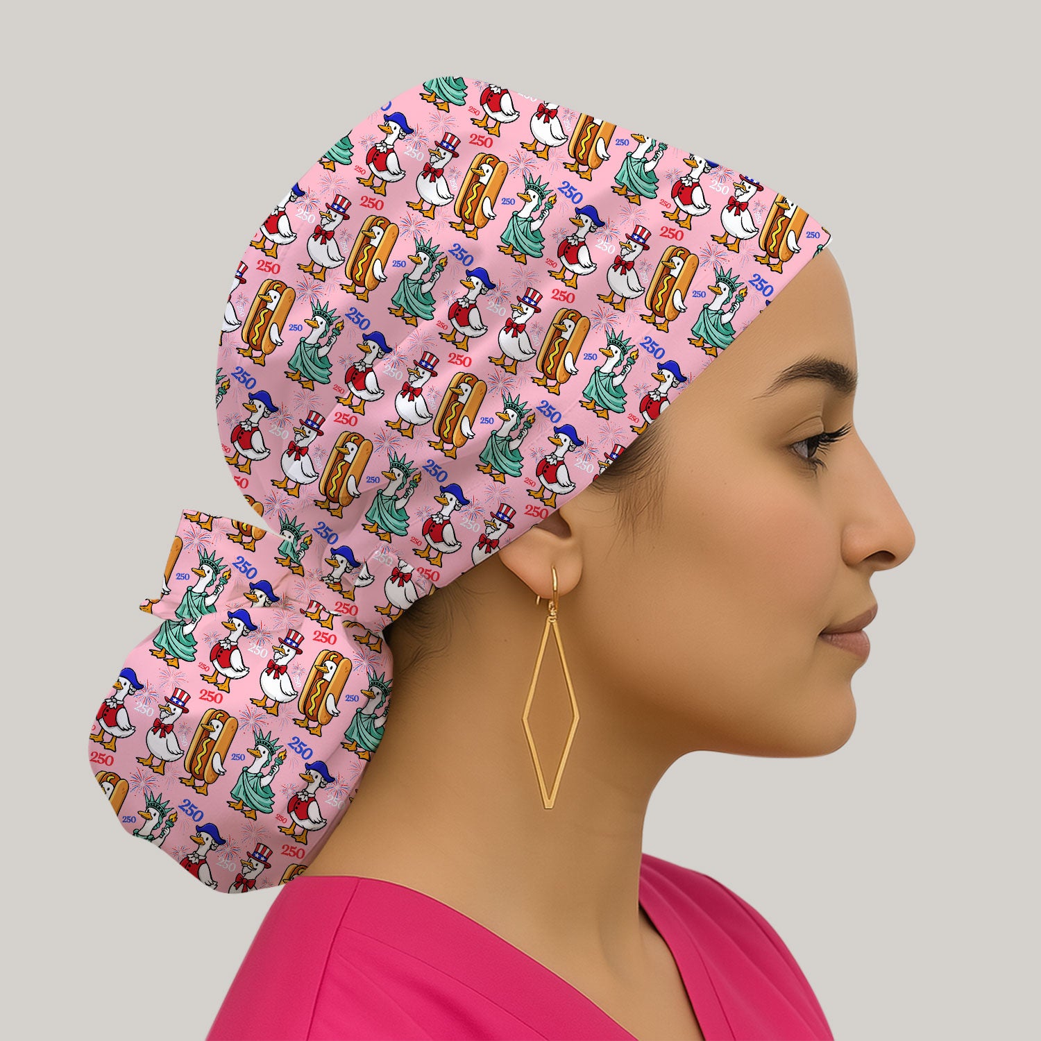 Patriotic Duck Independence Day Pattern Print Cap, Bouffant Scrub Caps for Women