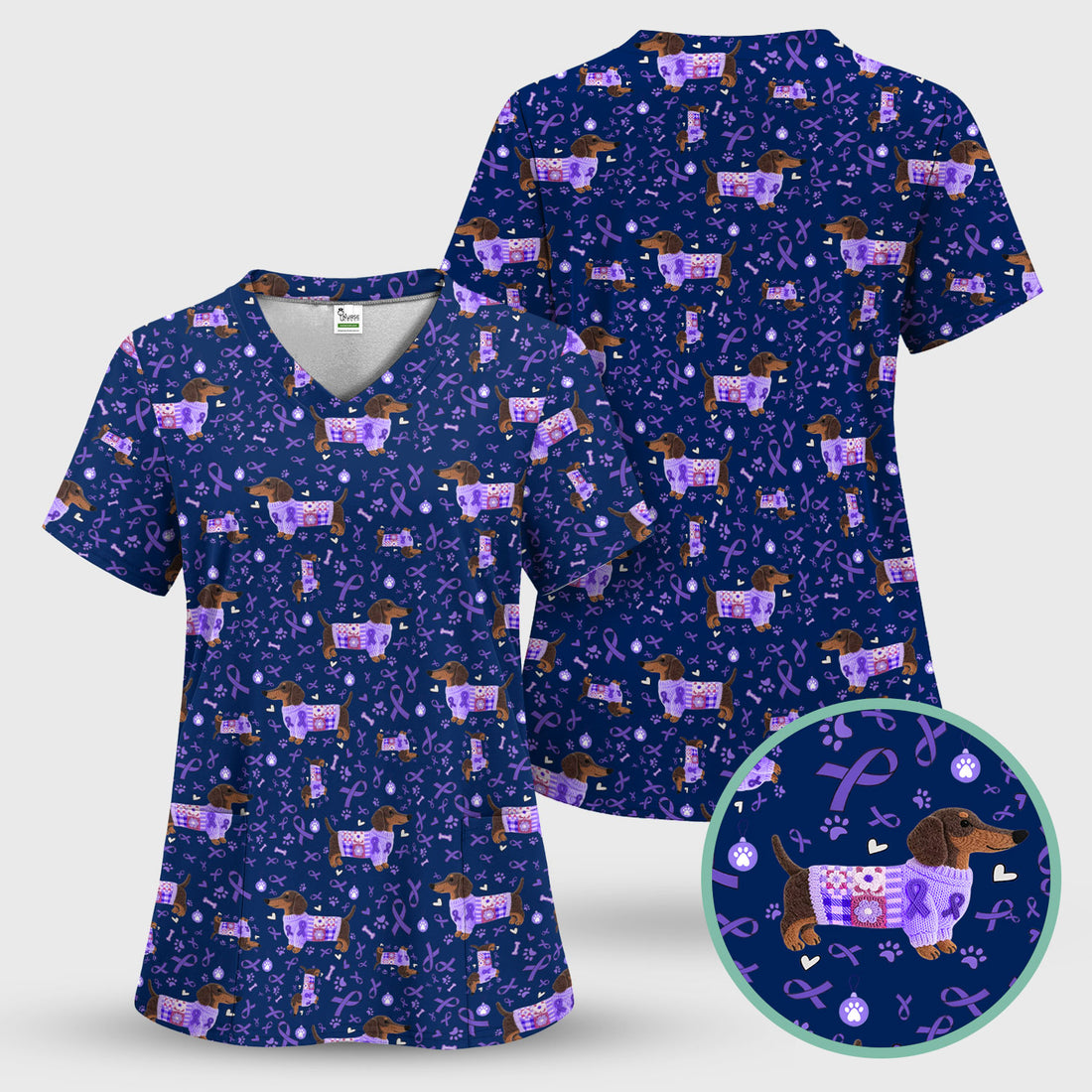 Wiener Dog Purple Ribbon Cancer Awareness Scrub - Breathable Fabrics Nursing Uniform - Comfortable Scrubs for Nurses