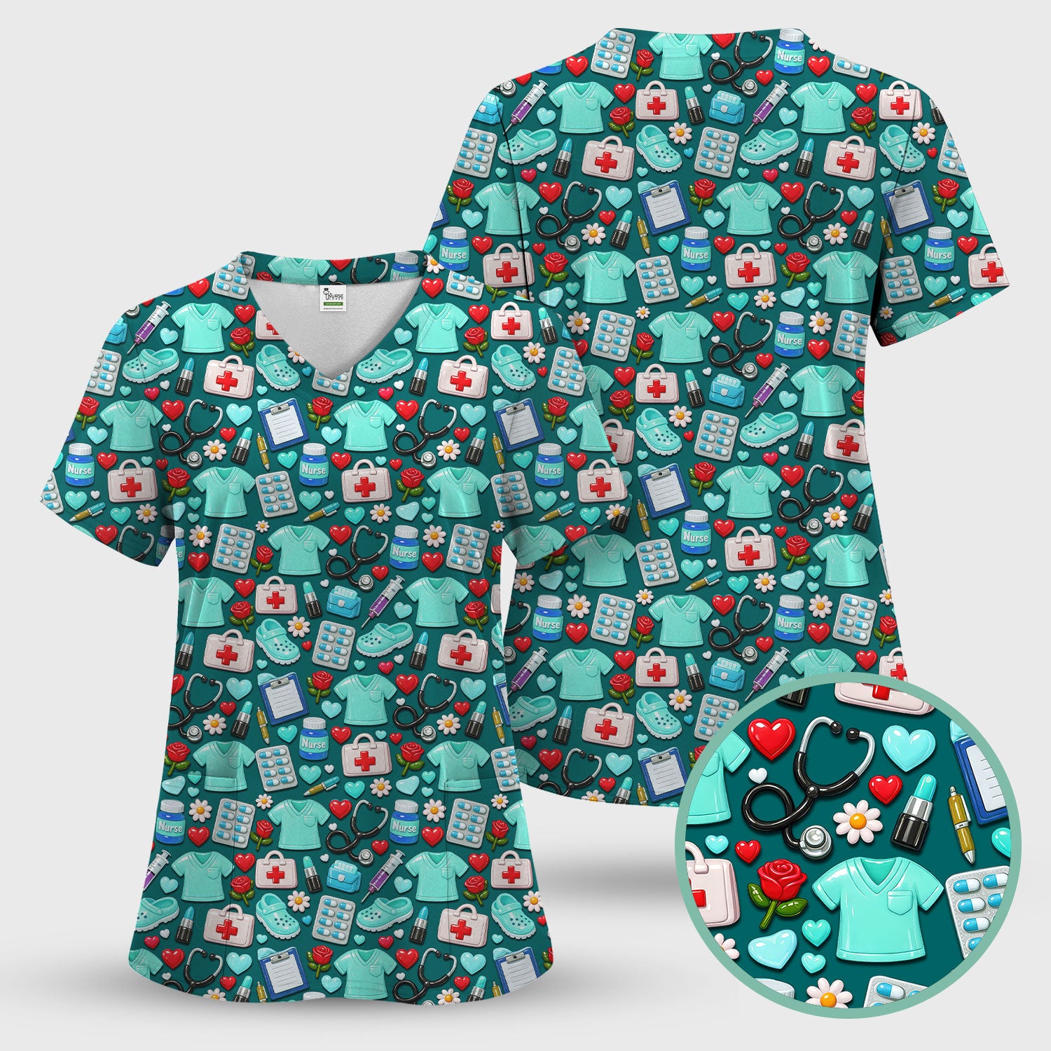Medical Icons Scrub Set, Cute Pattern Nurse Shirt, Breathable Fabrics Nursing Uniform