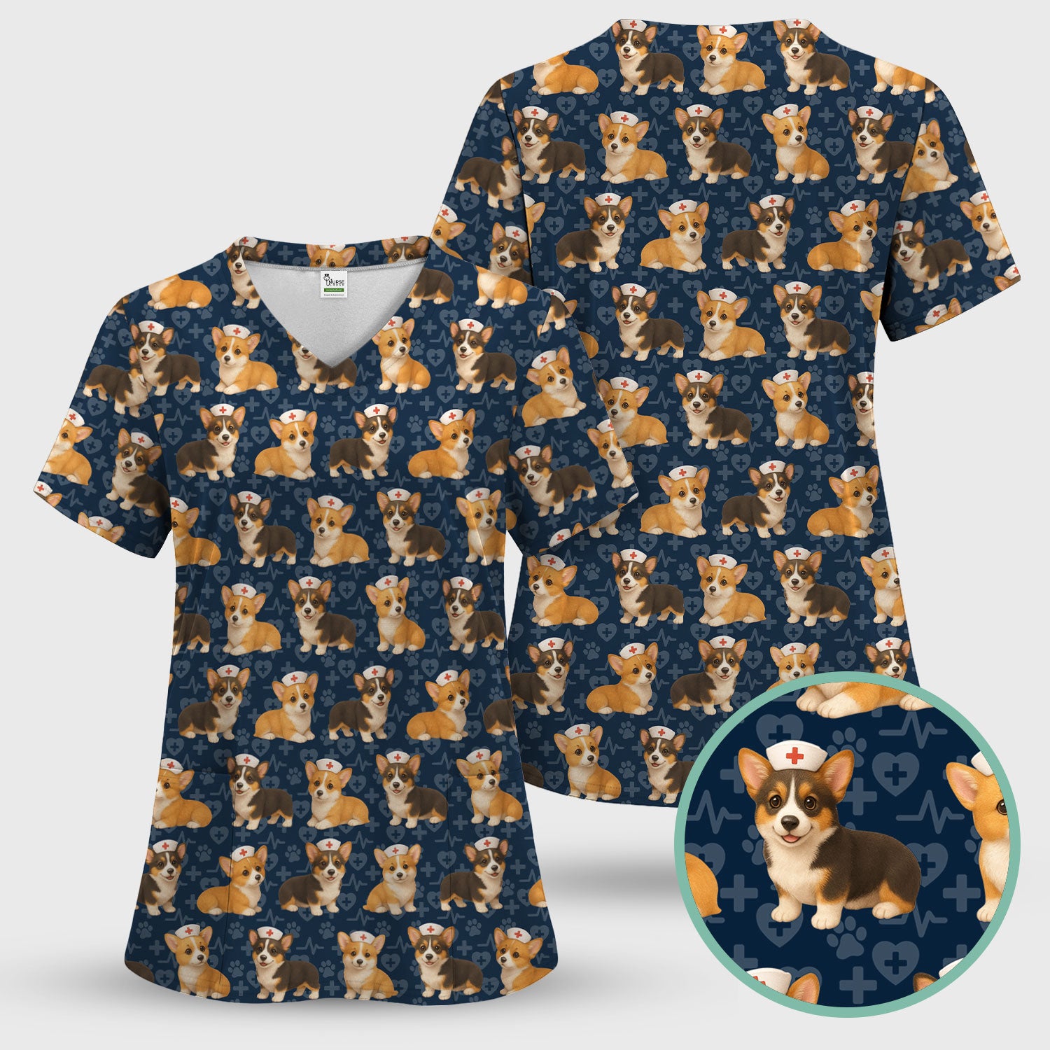 Christmas Corgi Scrubs Pattern for Women - Cute Dog Scrubs Top & Pants Set - Festive Nurse Holiday Print Medical Scrubs