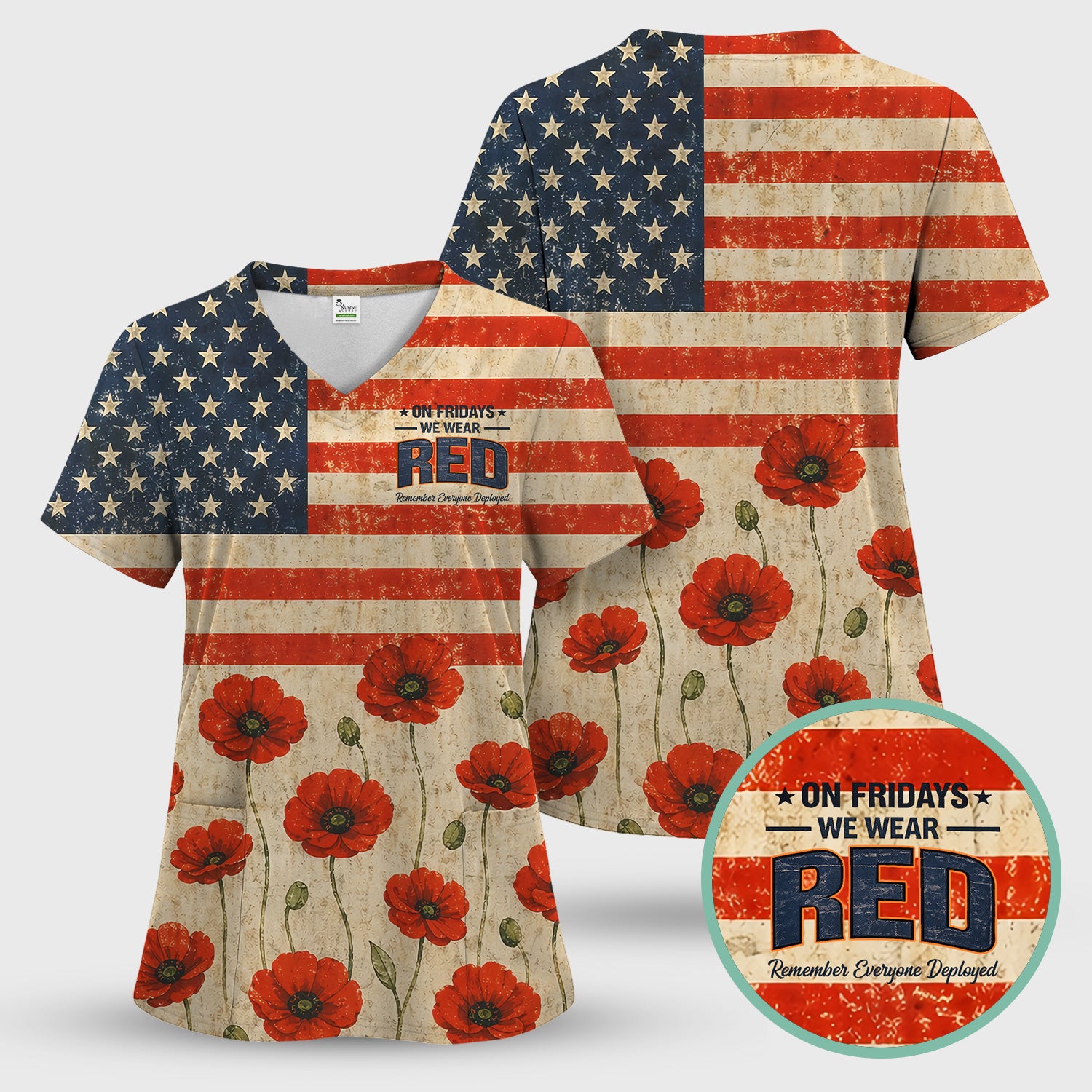 Patriotic American Flag Poppy Flower Pattern Scrub Top, Comfortable Scrubs for Nurses