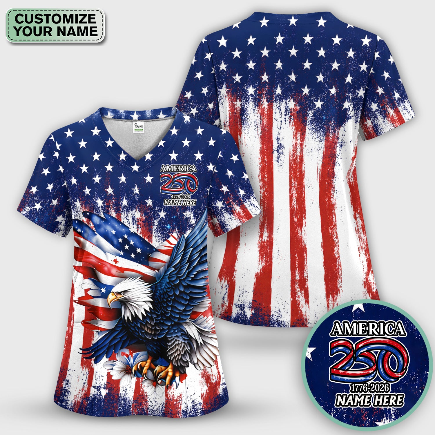 Personalized Patriotic Eagle Flag Pattern Scrub Set, Scrub Pants and V Neck Top