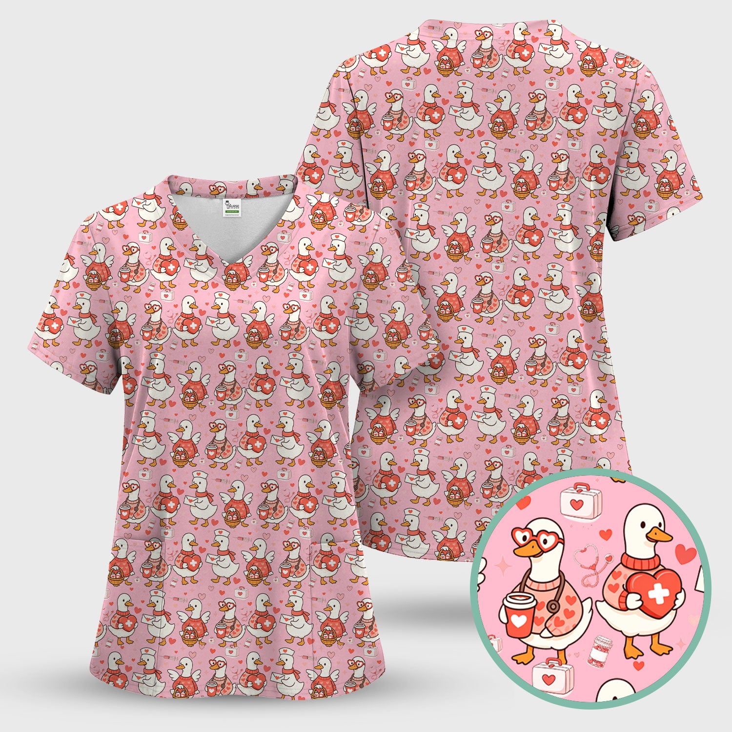 Valentine Goose Nurse Scrub Top, Heart Medical Pattern Nurse Shirt, Breathable Fabrics Nursing Uniform