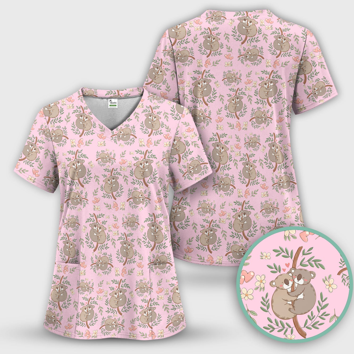 Cute Koala Couple Floral Medical Print Scrub Set, Women's Scrub Sets