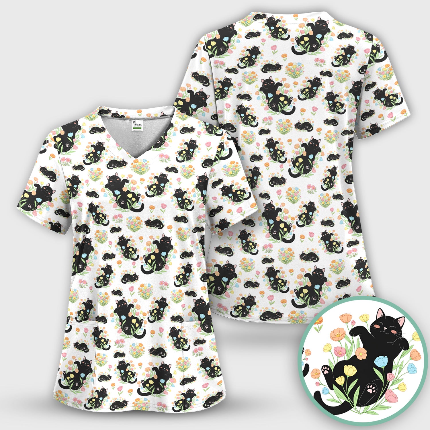 Cats With Cute Poses Floral Pattern Scrubs Top, Comfortable Scrubs for Nurses