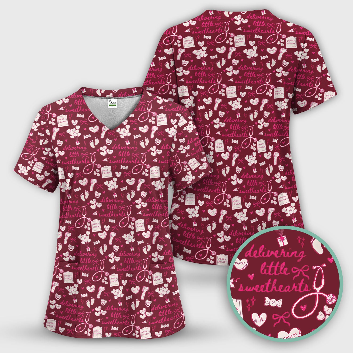 Valentine Labor And Delivery Scrub Top, XOXO Pattern Scrub Shirt, Breathable Fabrics Nursing Uniform For Women