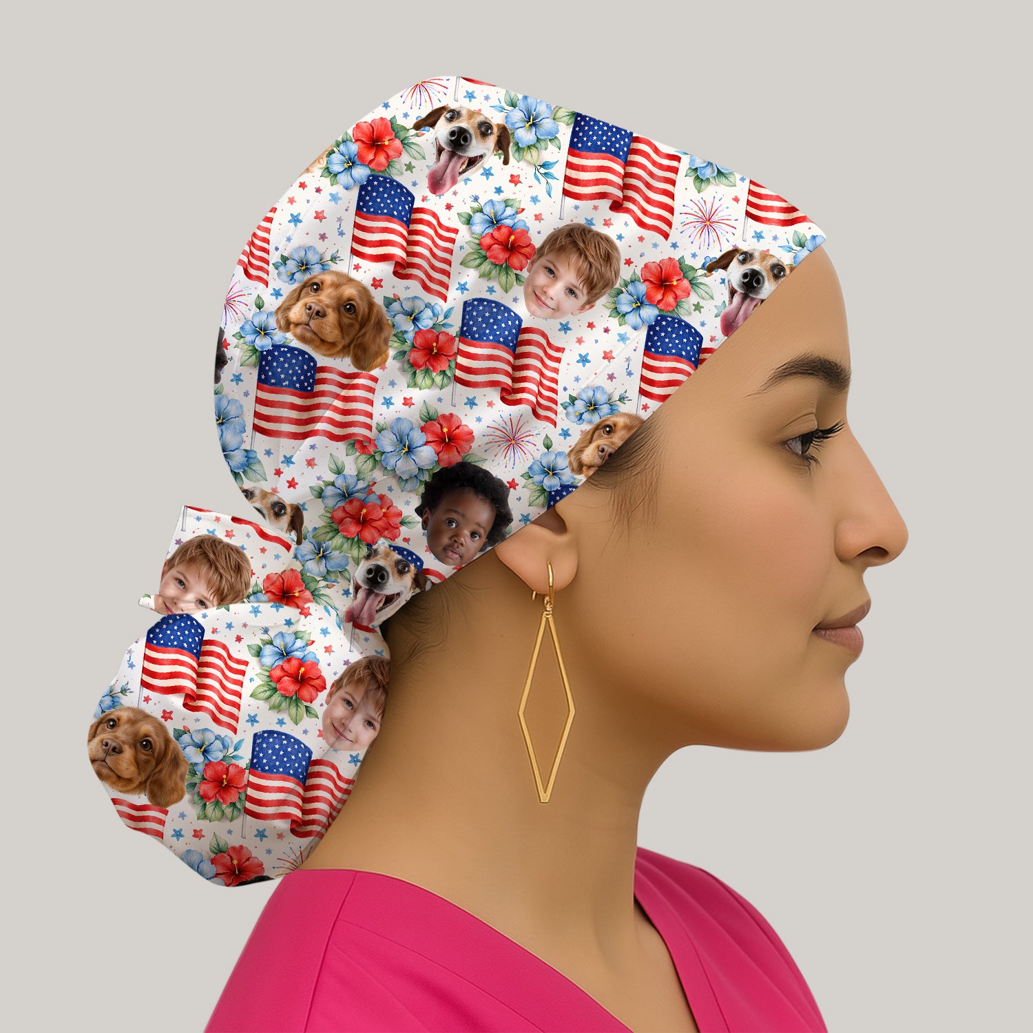 Custom Photo Patriotic Kids & Pet Faces Flag Nurse Scrub Cap, Surgical Caps for Doctors