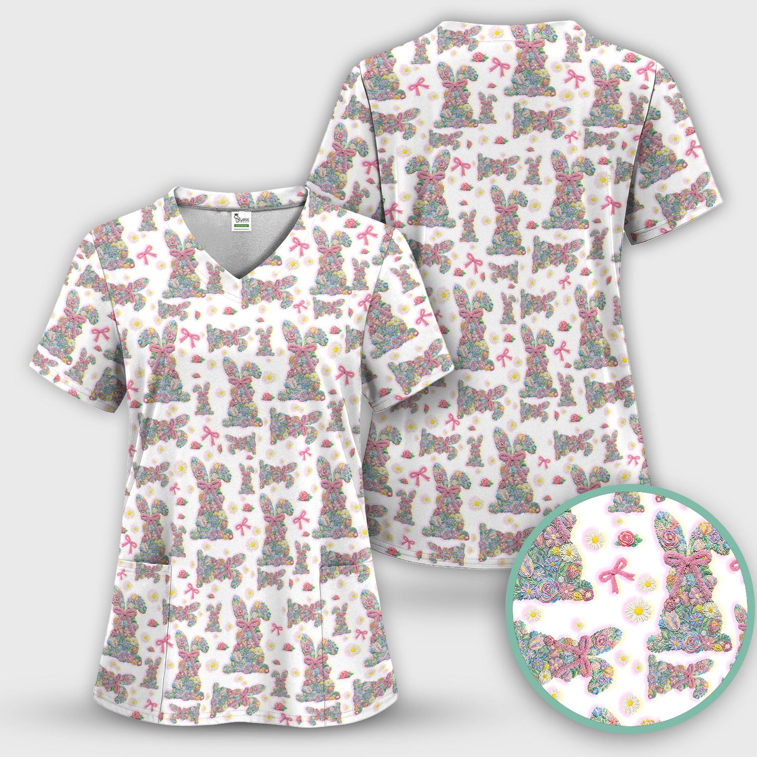 Colorful Floral Bunny with Pink Bow Pattern Scrub Top, Breathable Fabrics Nursing Uniform, Easter