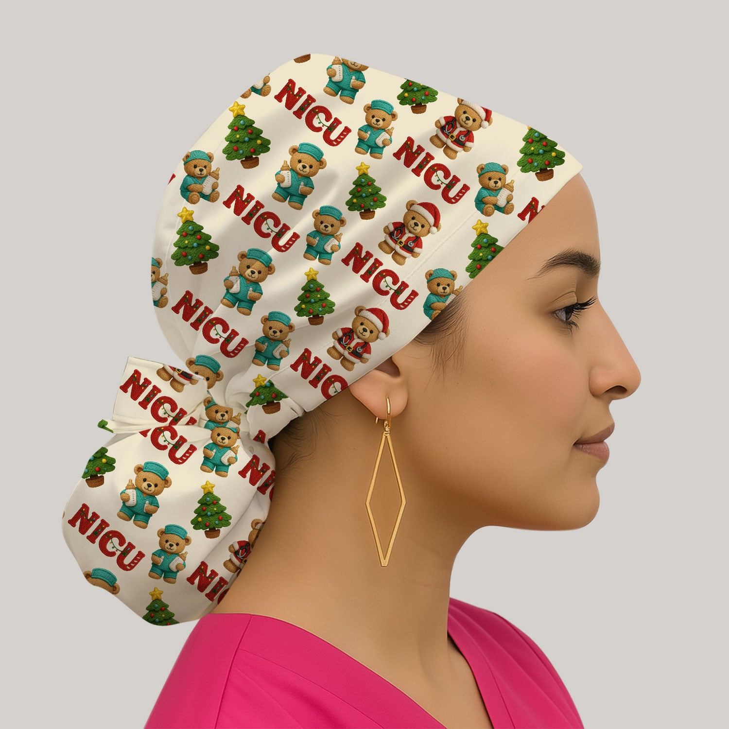 Festive Christmas NICU Nurse Teddy Bear Pattern Print Cap, Bouffant Scrub Caps for Women