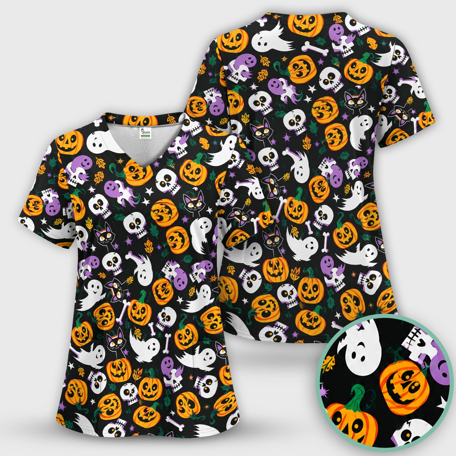 Spooky Pumpkin Ghost Print Scrub Top, Comfortable Scrubs for Nurses