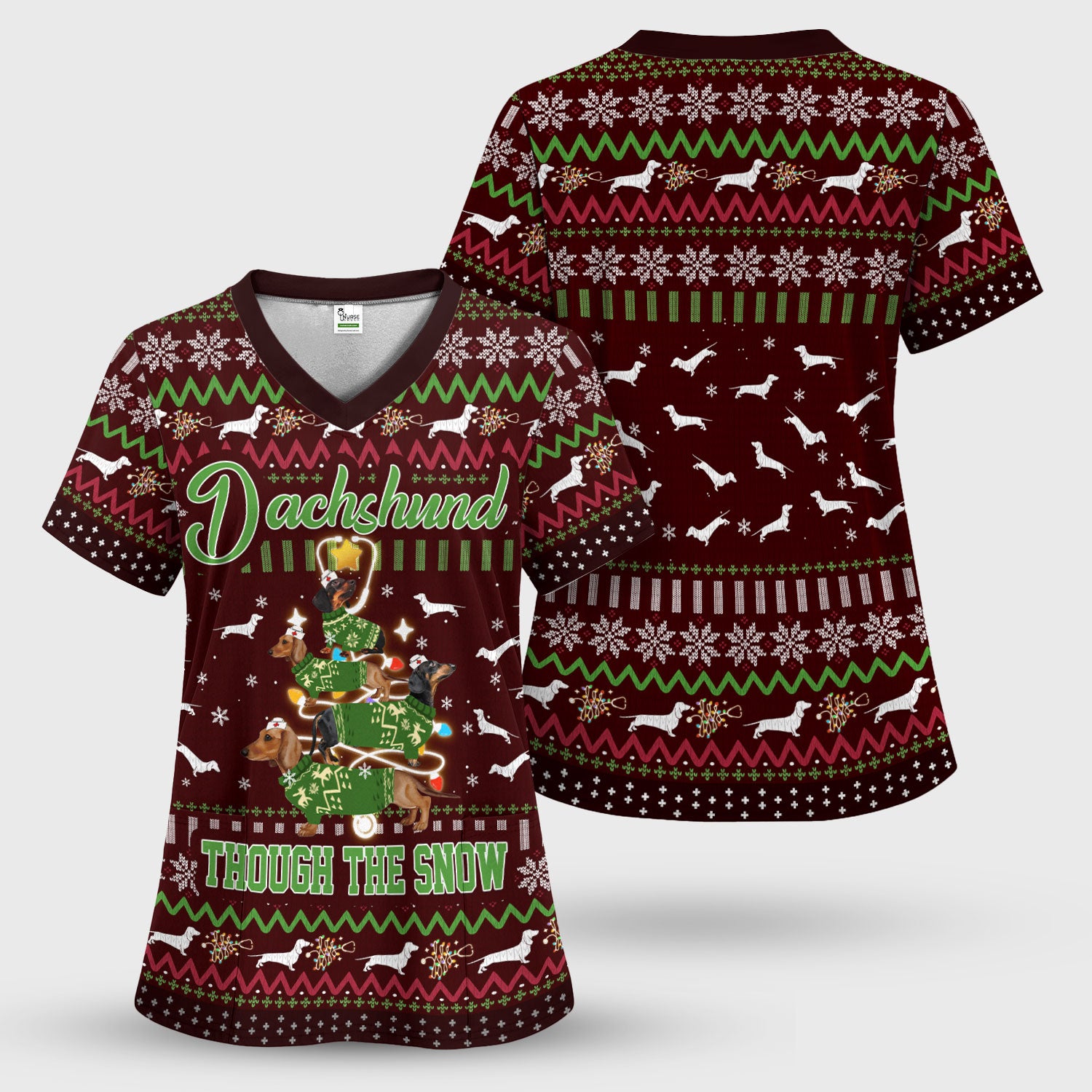 Dachshund Through The Snow Christmas Scrub Top - Funny Sausage Dog Xmas Tree Nurse Shirt - Cute Holiday Medical Uniform