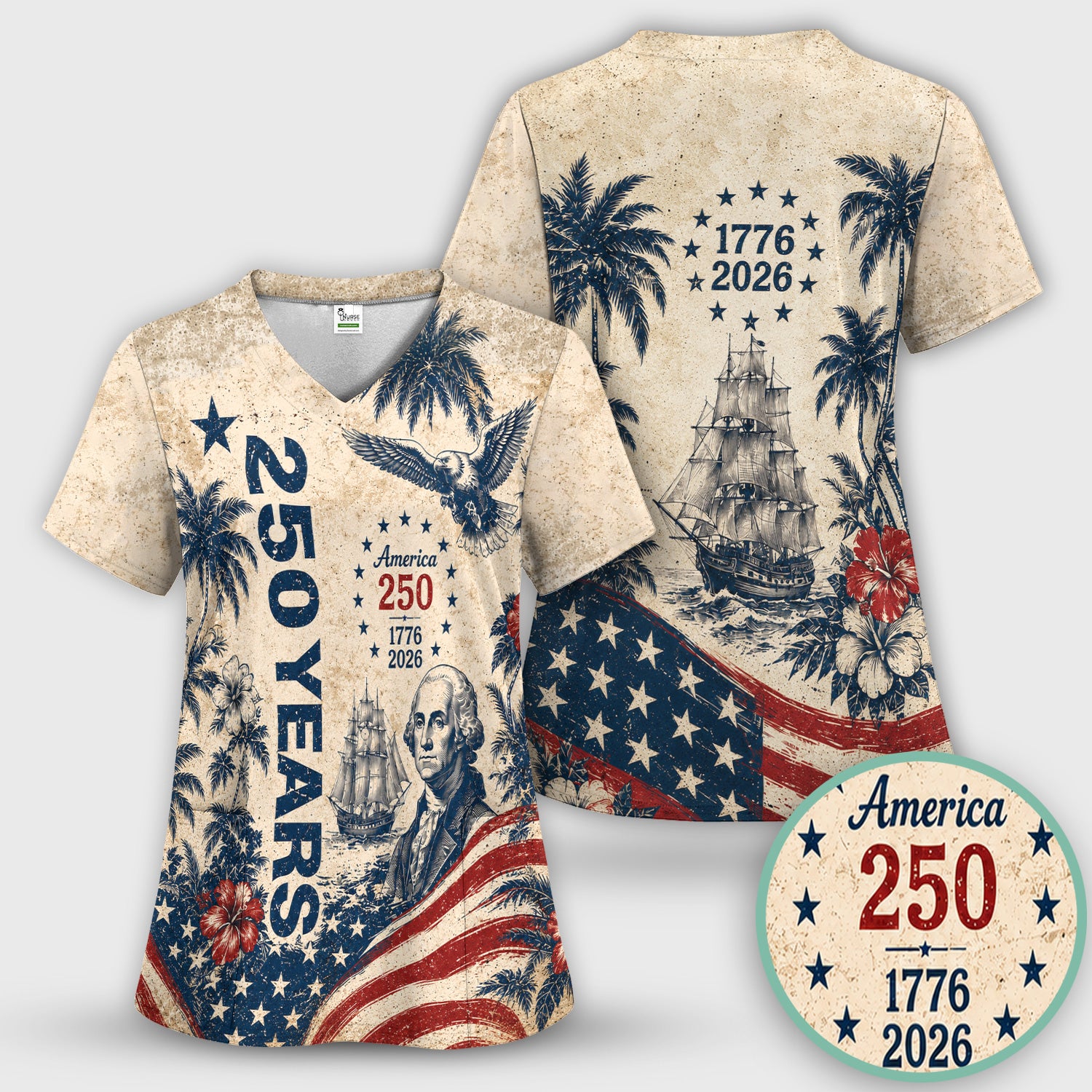 America 250 Freedom Print Scrub Top, Comfortable Scrubs for Nurses