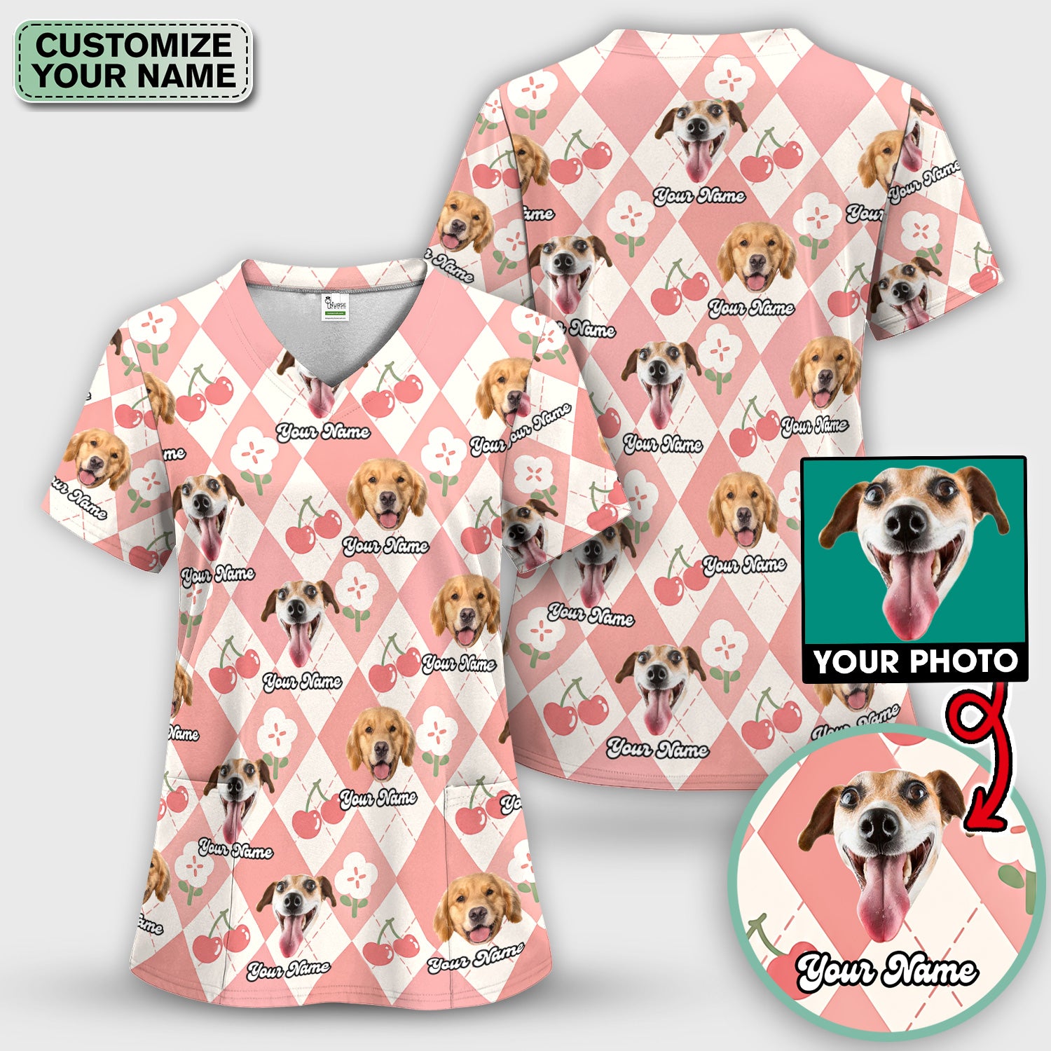 Custom Dog Face Scrub Set, Playful Dog Cherry Argyle Pattern Shirt, Breathable Fabrics Nursing Uniform