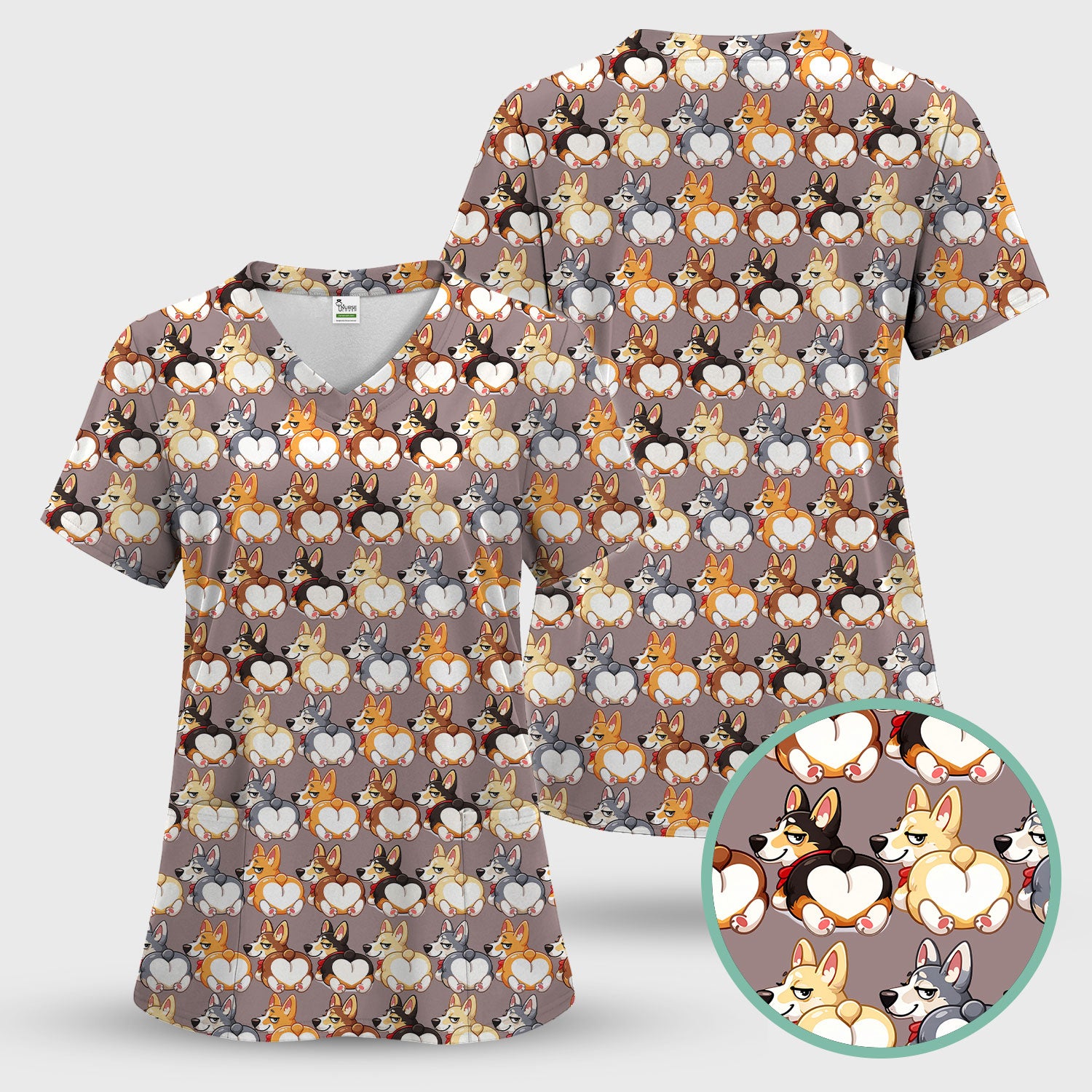 Funny Corgi Cartoon Pattern Scrub Top, Comfortable Scrubs for Nurses