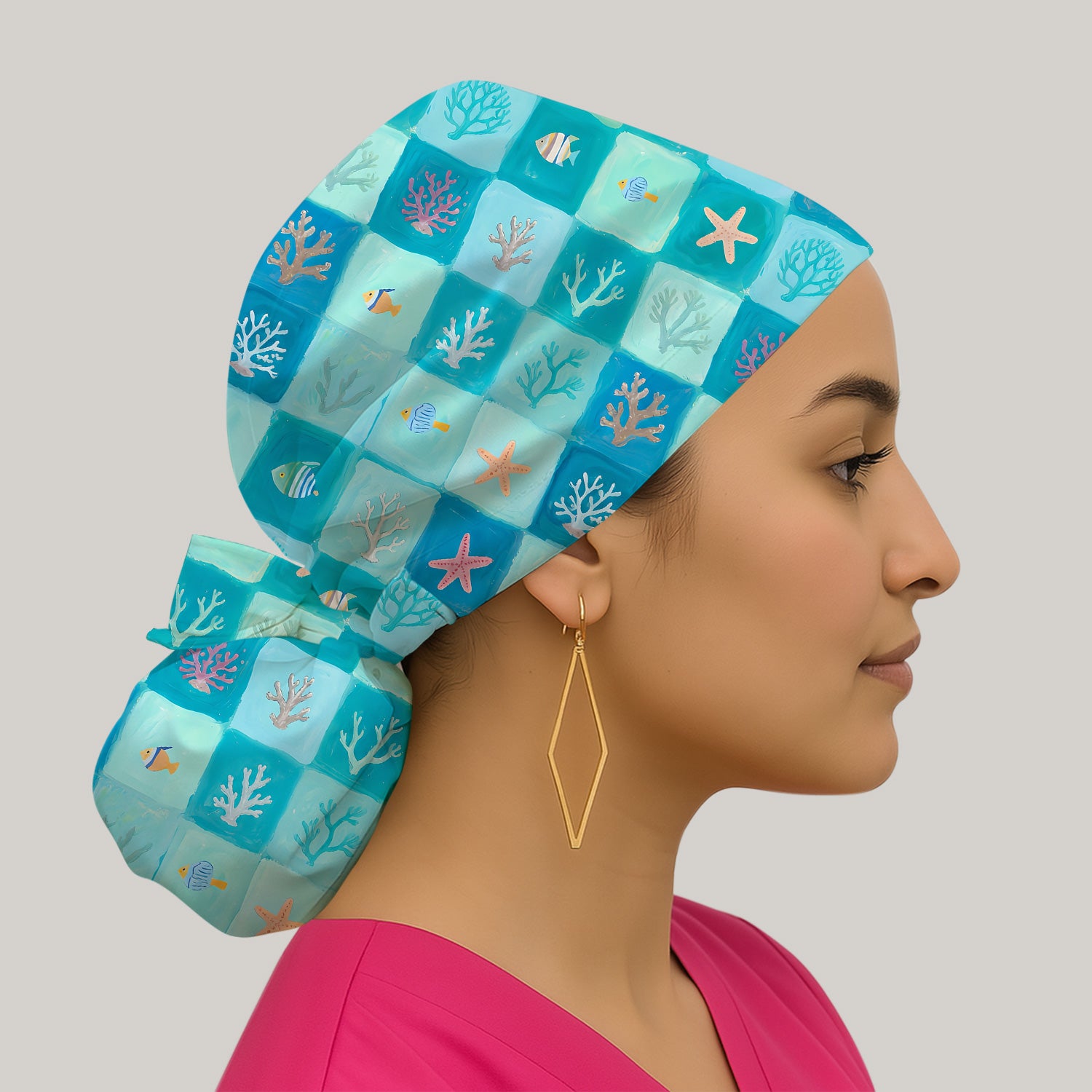 Ocean Coral Fish Starfish Checkered Pattern Nurse Scrub Cap, Surgical Caps for Doctors