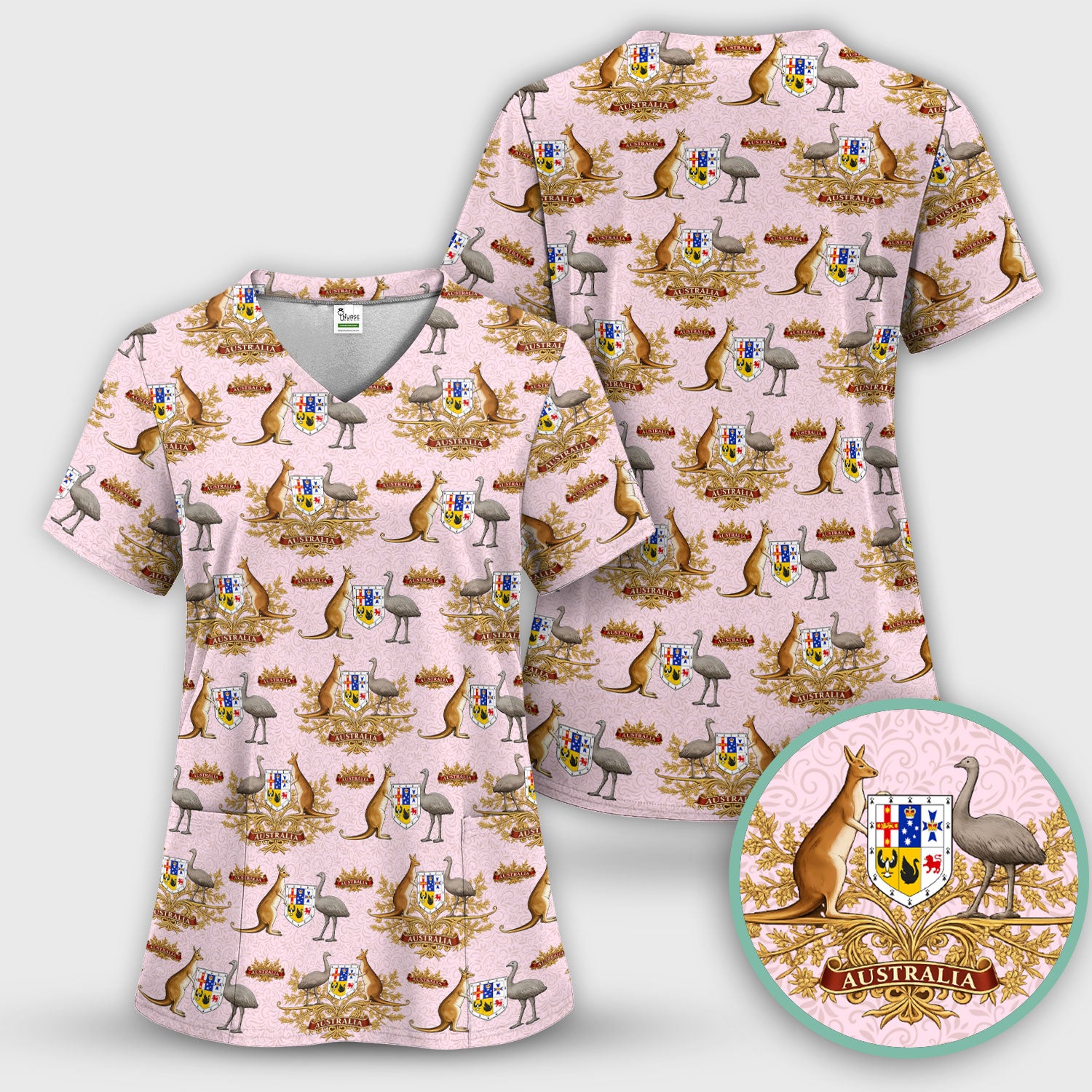 Australian Kangaroo Emu Crest Pattern Scrub Top, Comfortable Scrubs for Nurses