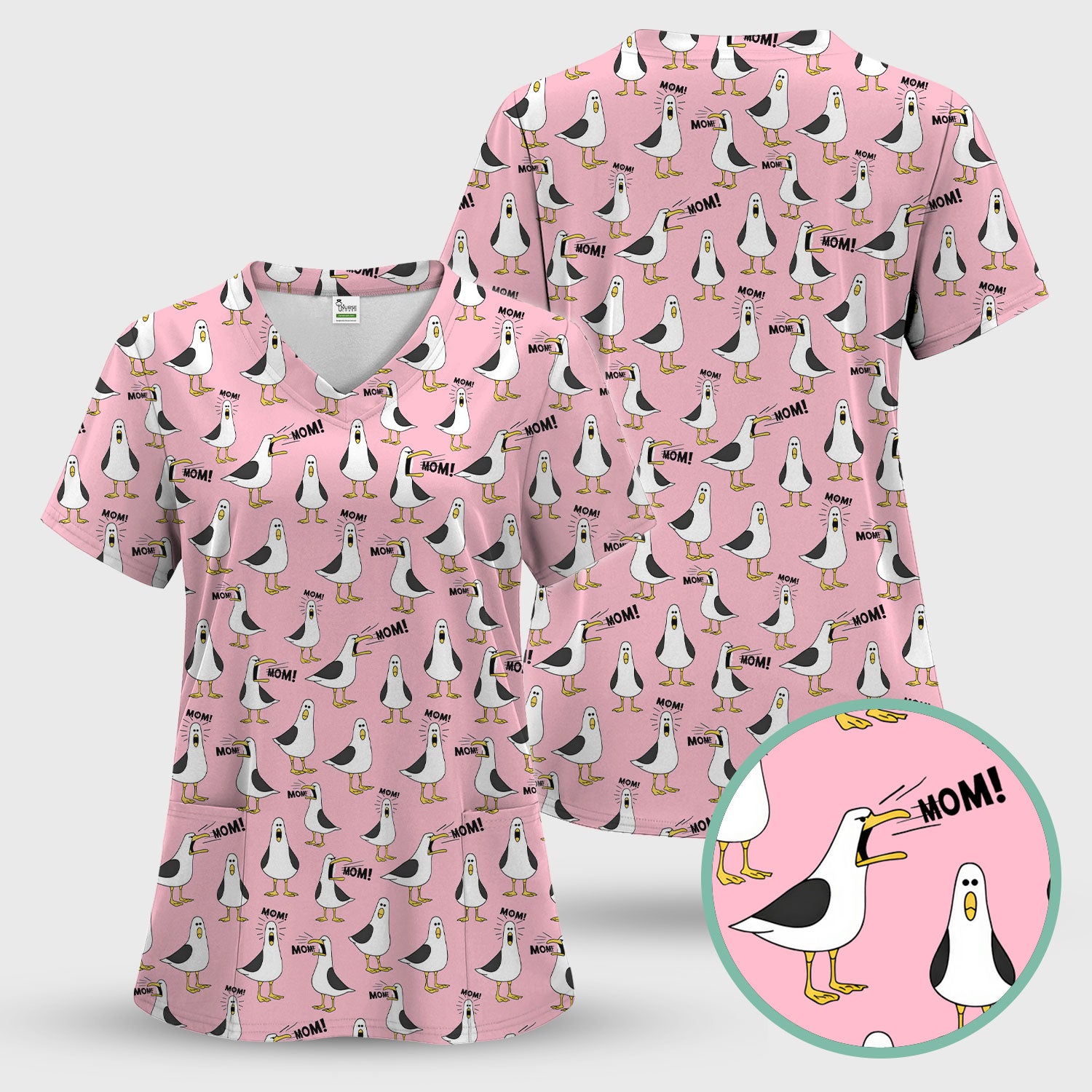 Funny Seagull Mom Seamless Pattern Scrub Set, Scrub Pants and V Neck Top