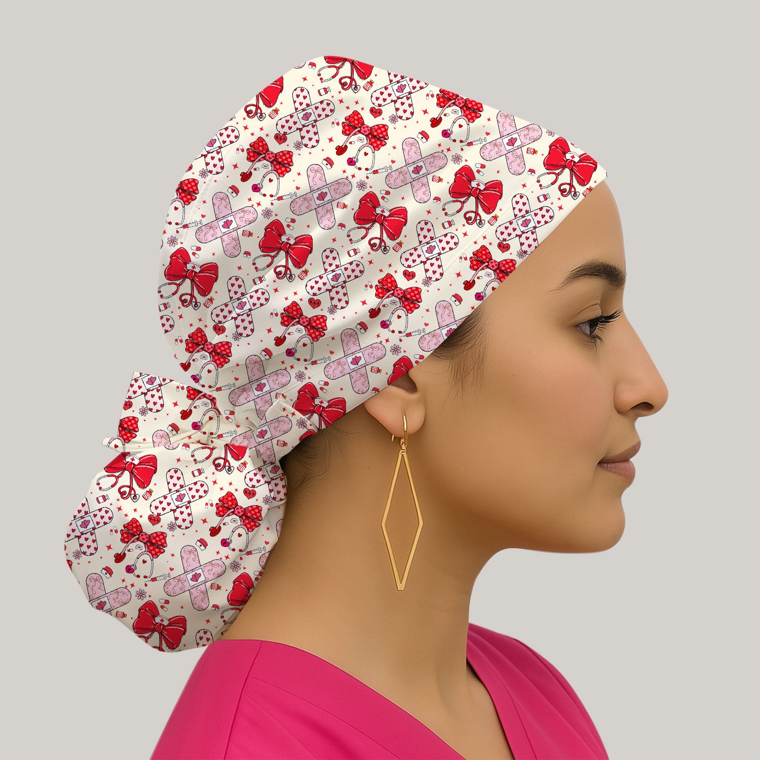 Valentine Nurse Scrub Cap, Red Bow And Heart Bandage Pattern Medical Hat, Breathable Fabrics Nursing Uniform